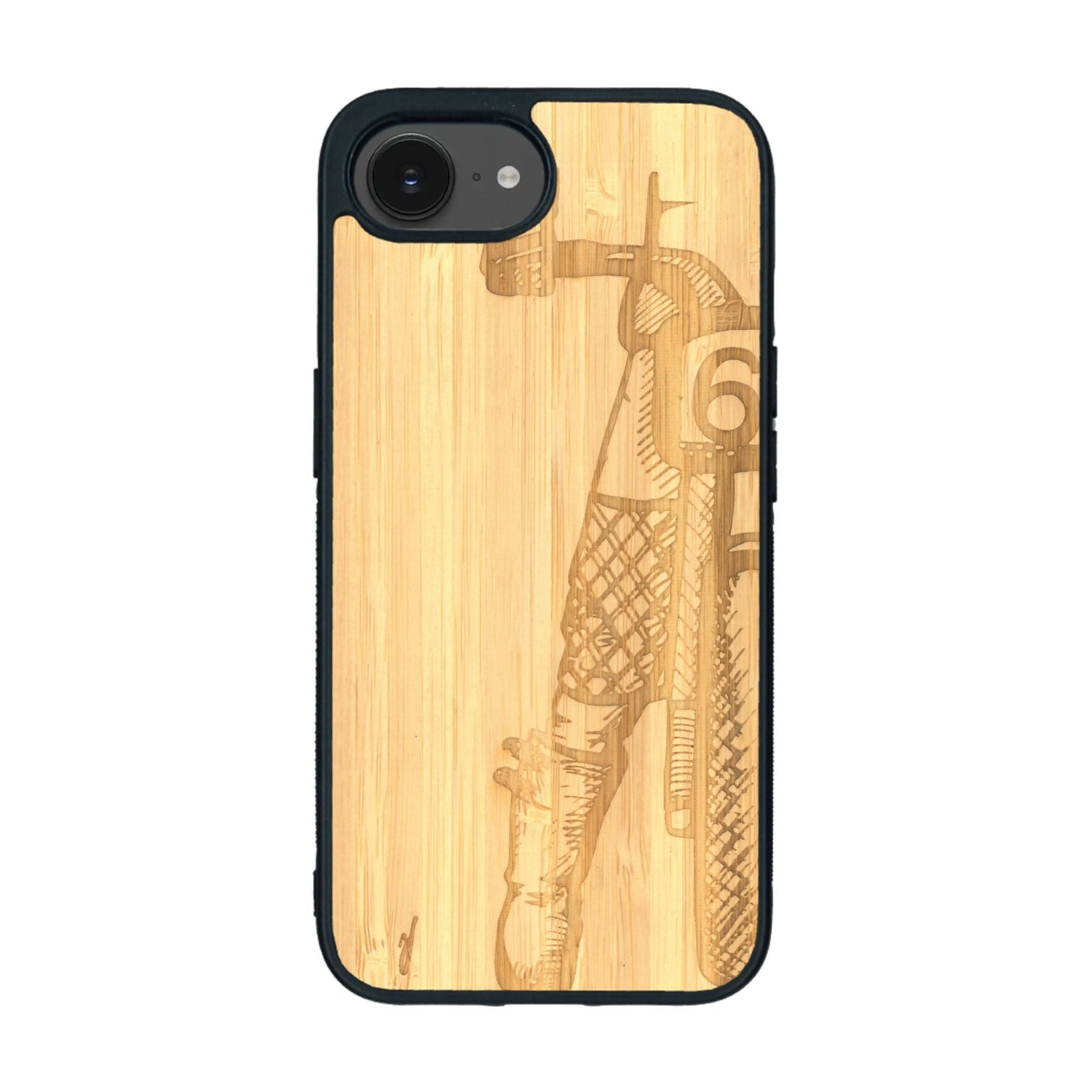 Coque de protection en bois véritable fabriquée en France pour iPhone 16e représentant une vue de face d'une femme sur une moto vintage dessinée à la main par l'artiste Maud Dabs