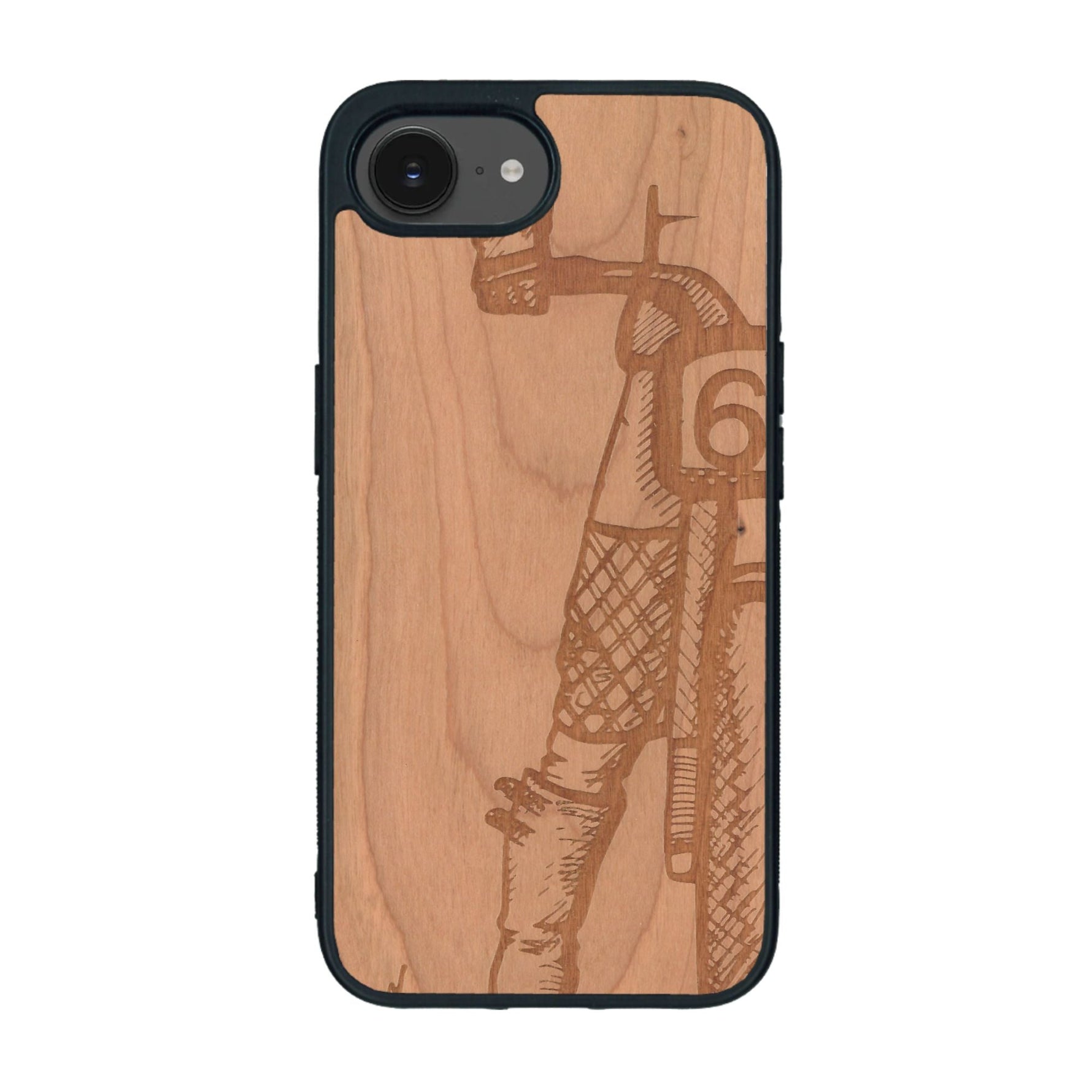 Coque de protection en bois véritable fabriquée en France pour iPhone 16e représentant une vue de face d'une femme sur une moto vintage dessinée à la main par l'artiste Maud Dabs