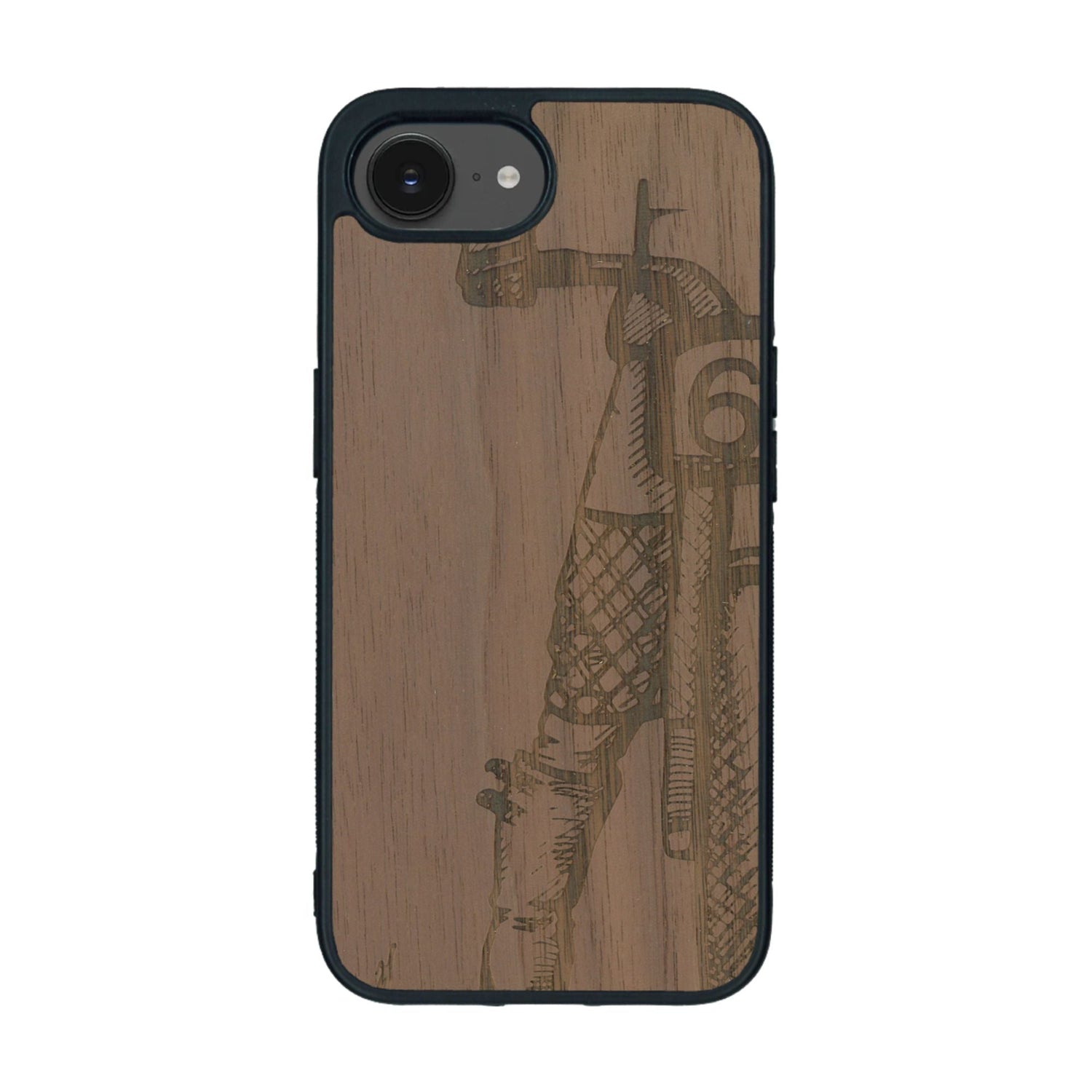 Coque de protection en bois véritable fabriquée en France pour iPhone 16e représentant une vue de face d'une femme sur une moto vintage dessinée à la main par l'artiste Maud Dabs