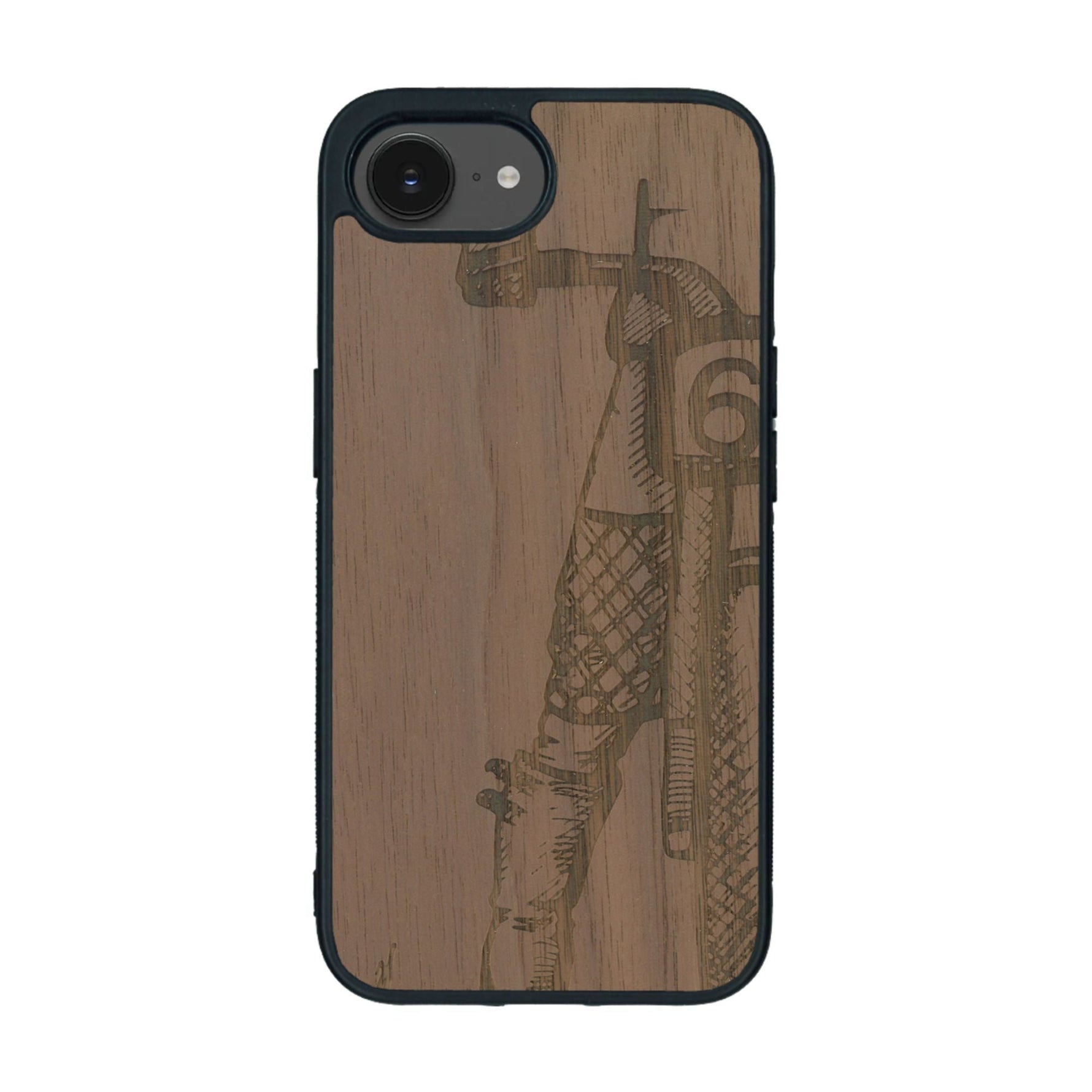 Coque de protection en bois véritable fabriquée en France pour iPhone 16e représentant une vue de face d'une femme sur une moto vintage dessinée à la main par l'artiste Maud Dabs