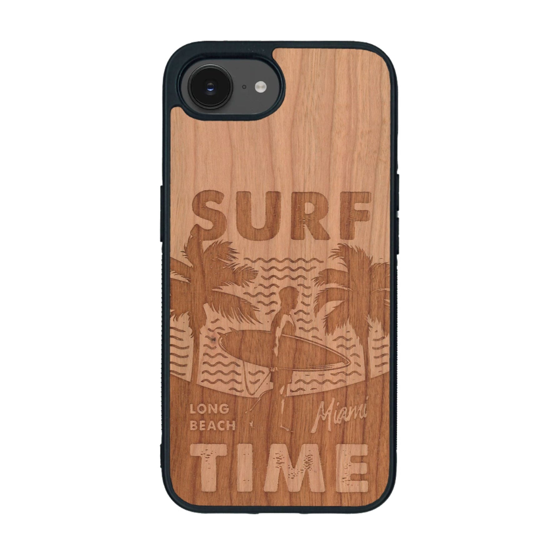 Coque de protection en bois véritable fabriquée en France pour iPhone 16e sur le thème chill avec un motif représentant une silouhette tenant une planche de surf sur une plage entouré de palmiers et les mots "Surf Time Long Beach Miami"