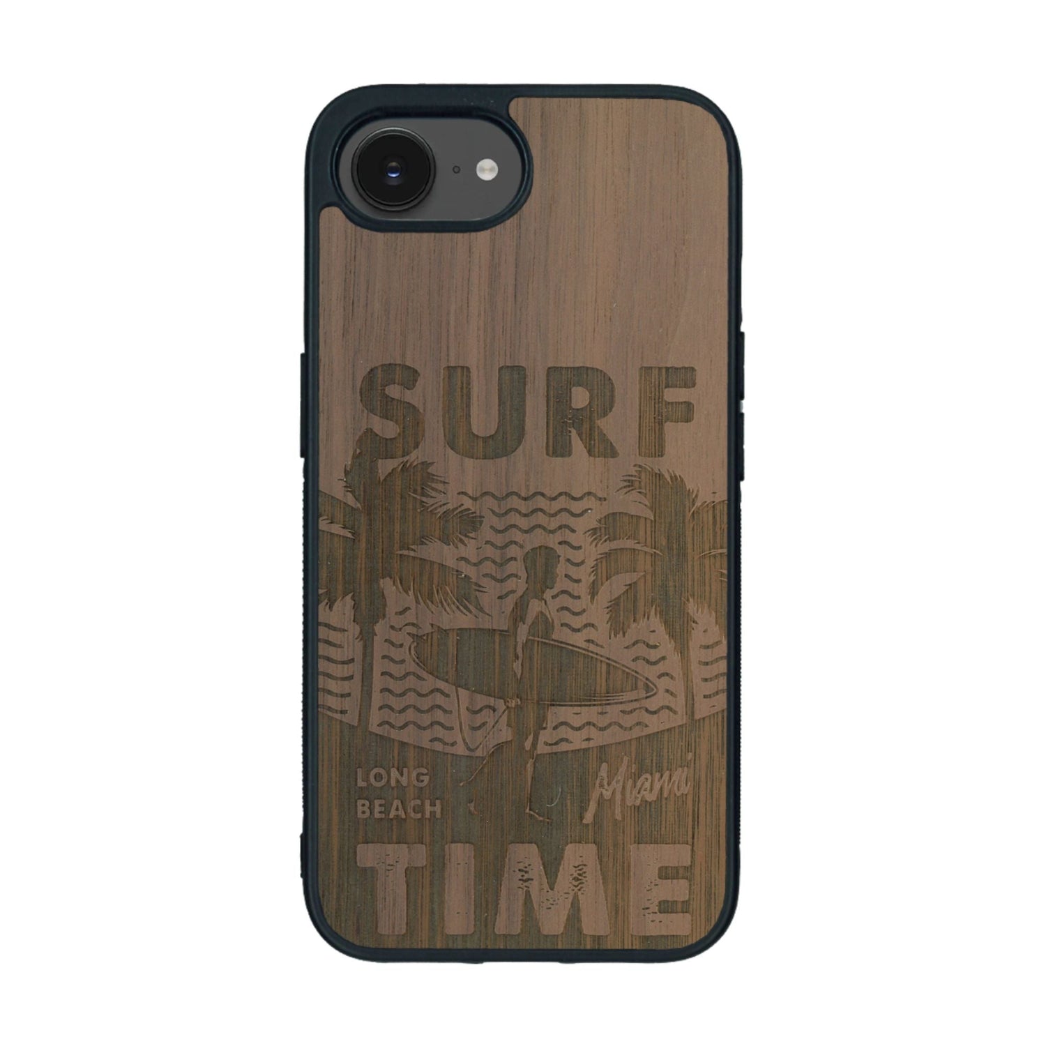 Coque de protection en bois véritable fabriquée en France pour iPhone 16e sur le thème chill avec un motif représentant une silouhette tenant une planche de surf sur une plage entouré de palmiers et les mots "Surf Time Long Beach Miami"
