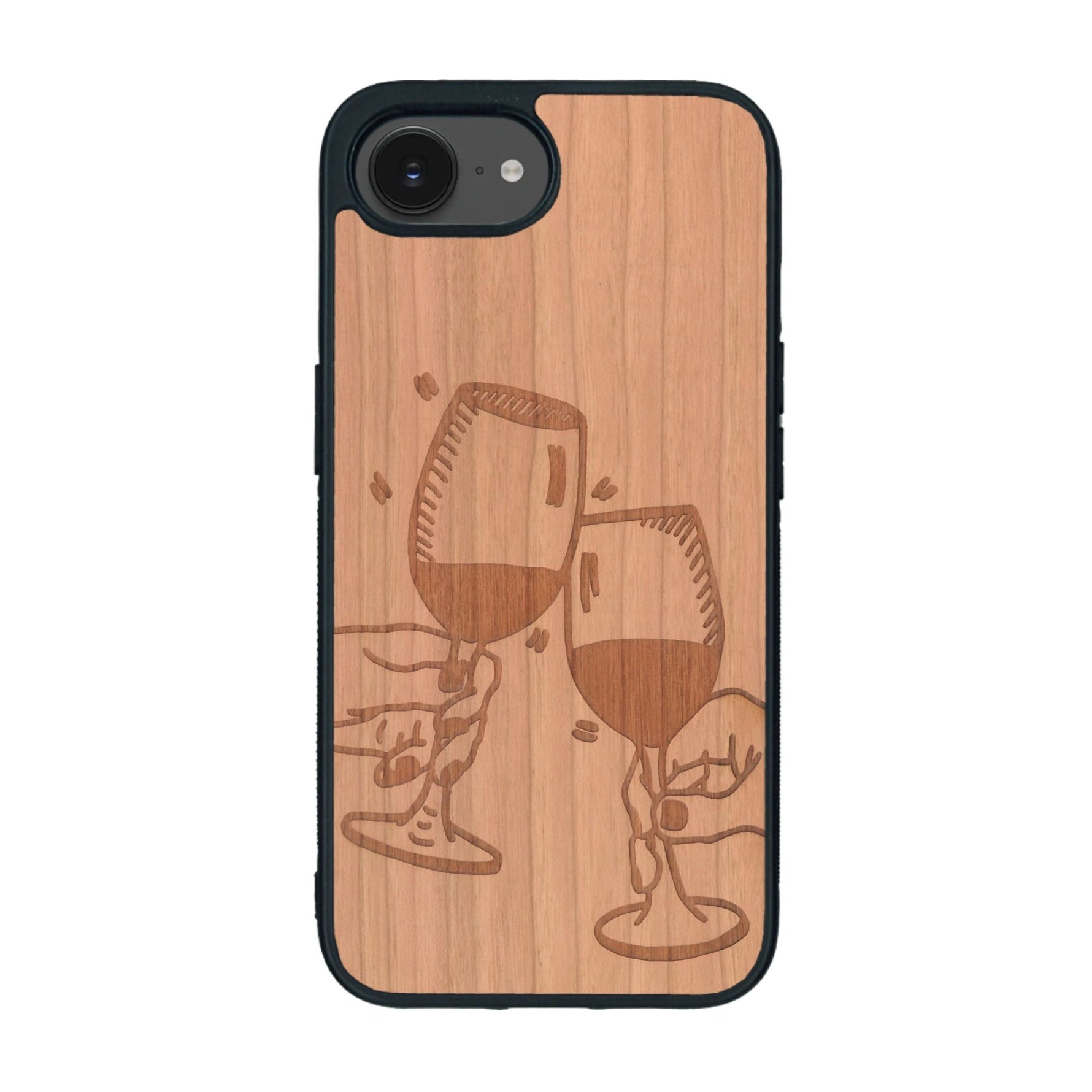 Coque de protection en bois véritable fabriquée en France pour iPhone 16e représentant une vue de face d'une flute de champagne dessinée à la main par l'artiste Maud Dabs