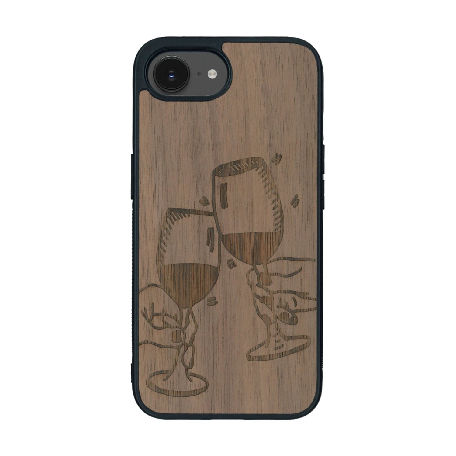 Coque de protection en bois véritable fabriquée en France pour iPhone 16e représentant une vue de face d'une flute de champagne dessinée à la main par l'artiste Maud Dabs