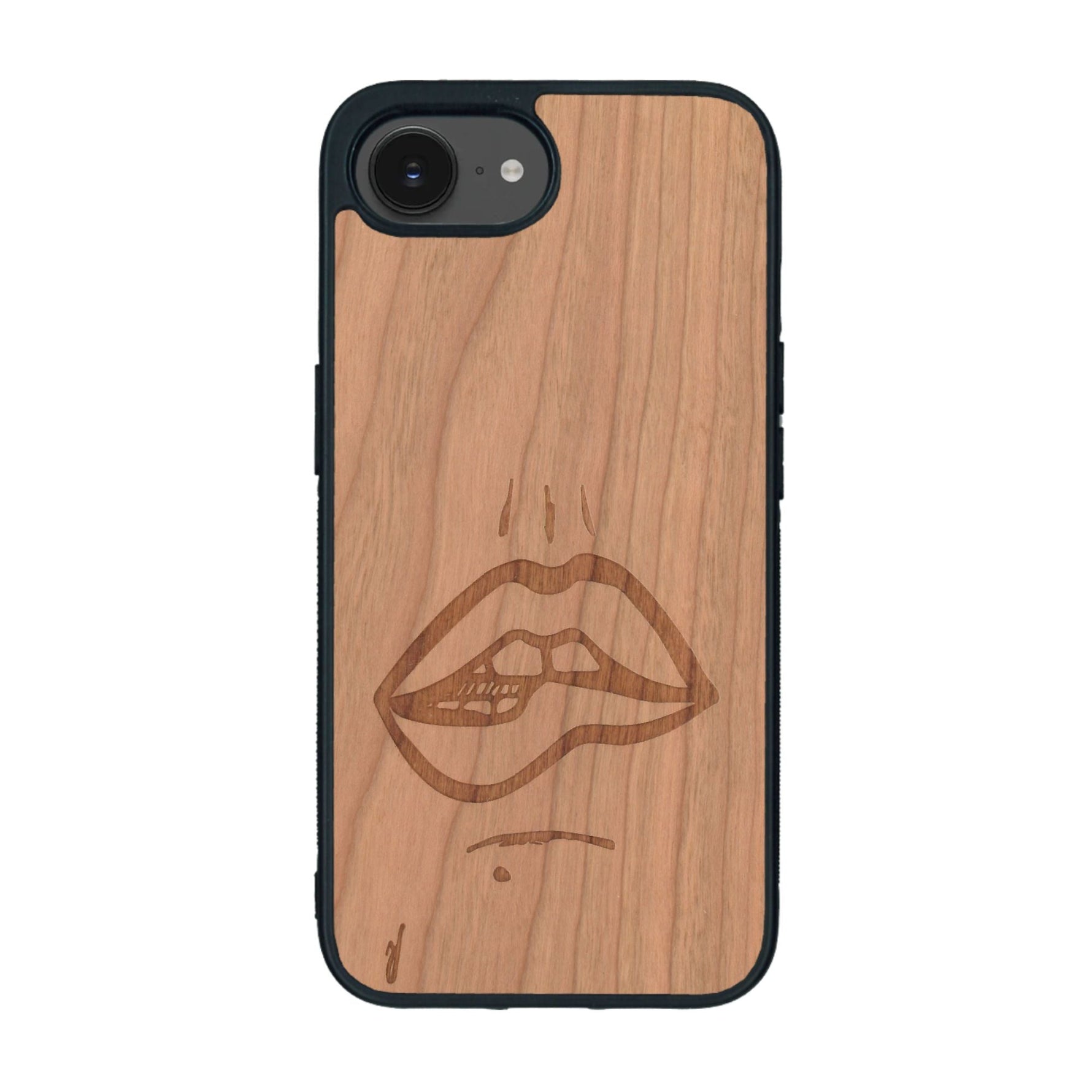 Coque de protection en bois véritable fabriquée en France pour iPhone 16e représentant de manière minimaliste une bouche de féminine se mordant le coin de la lèvre de manière sensuelle dessinée à la main par l'artiste Maud Dabs