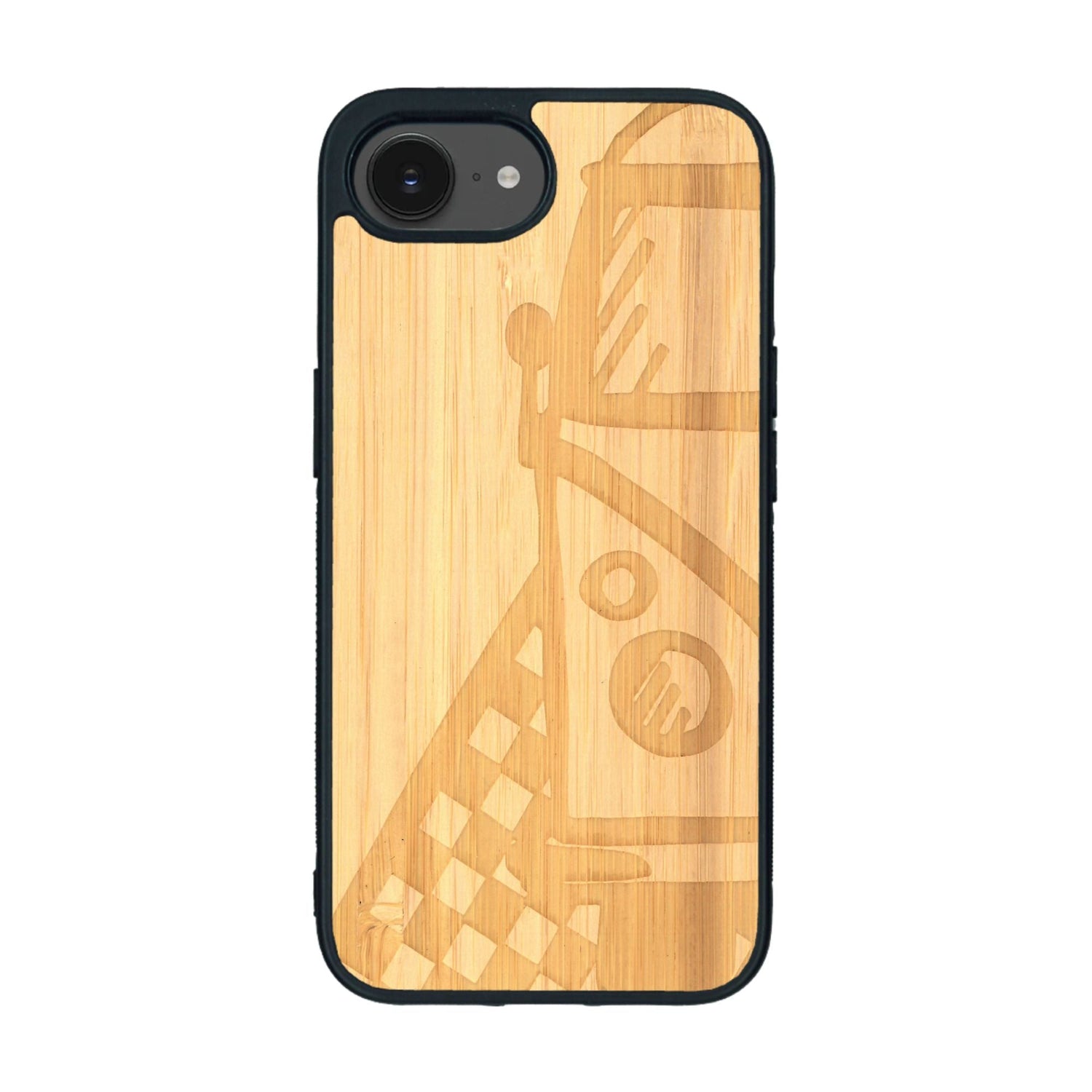 Coque de protection en bois véritable fabriquée en France pour iPhone 16e sur le thème du voyage avec un van combi