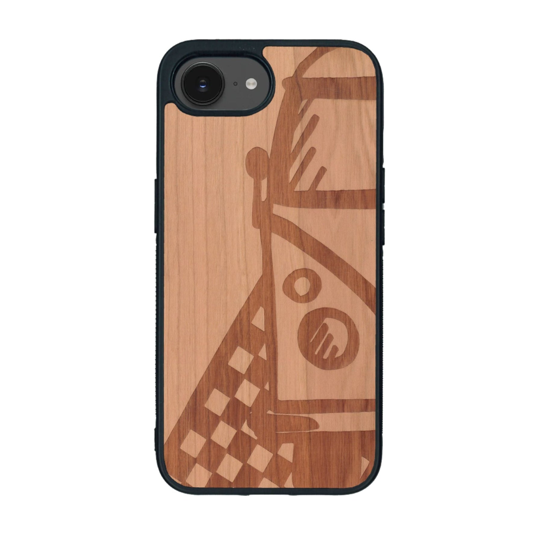 Coque de protection en bois véritable fabriquée en France pour iPhone 16e sur le thème du voyage avec un van combi