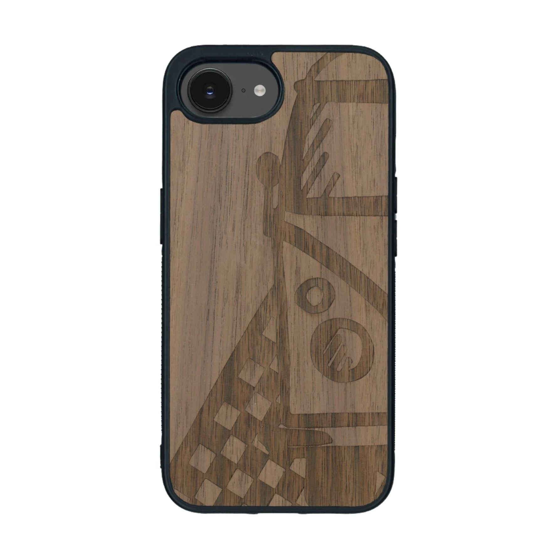 Coque de protection en bois véritable fabriquée en France pour iPhone 16e sur le thème du voyage avec un van combi