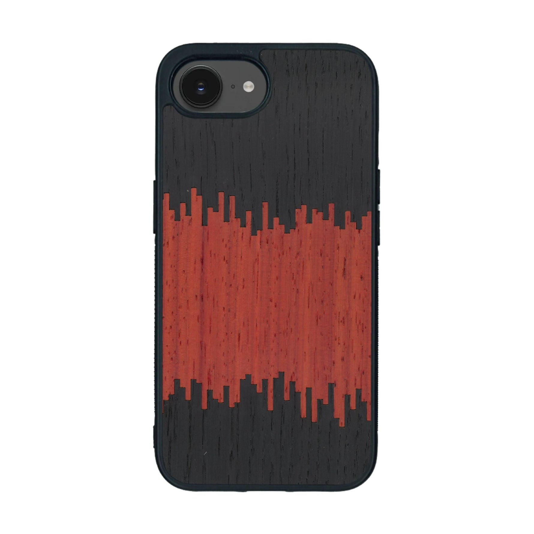 Coque de protection en bois véritable fabriquée en France pour iPhone 16e alliant plusieurs essences de bois pour représenter du magma en fusion