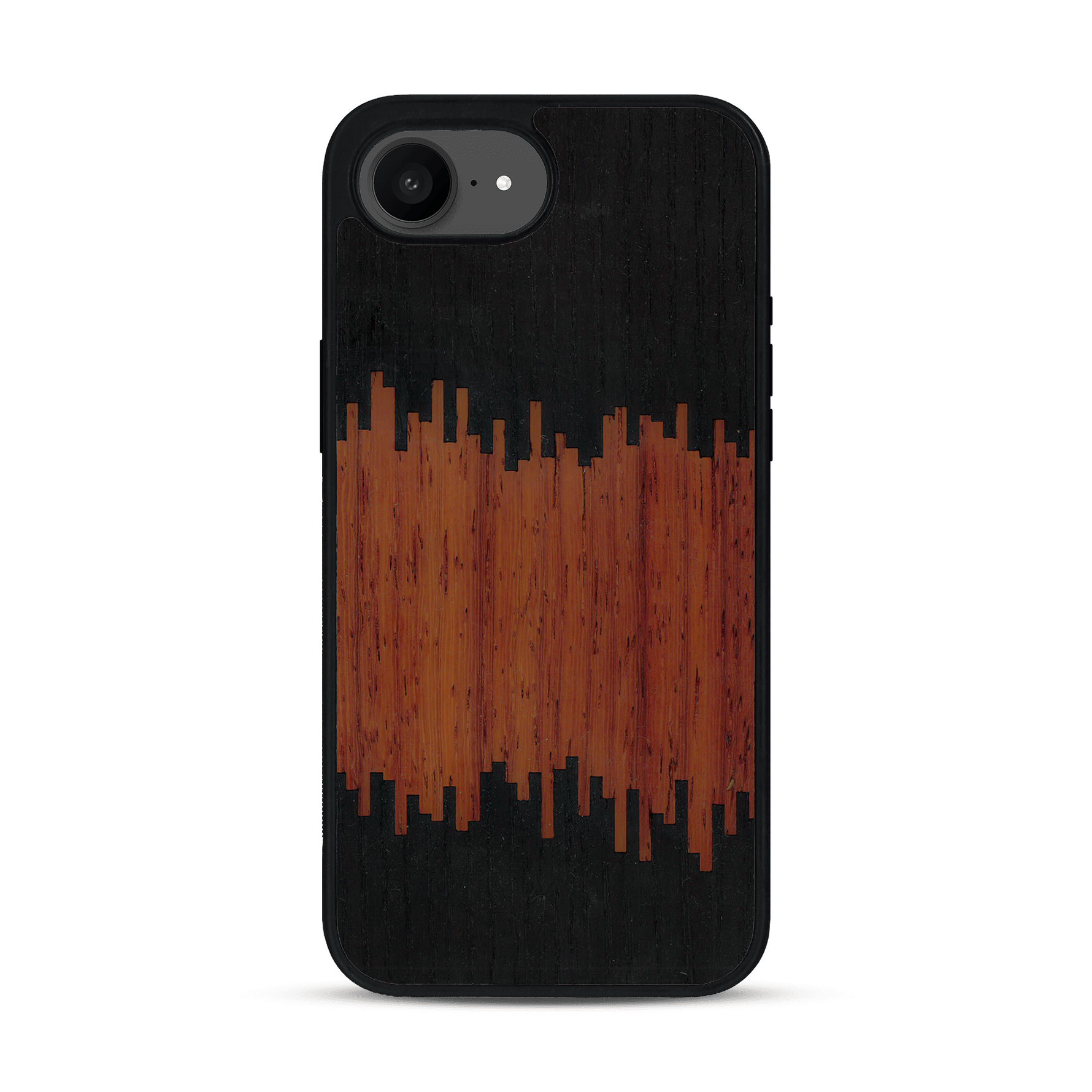 Coque de protection en bois véritable fabriquée en France pour  alliant plusieurs essences de bois pour représenter du magma en fusion