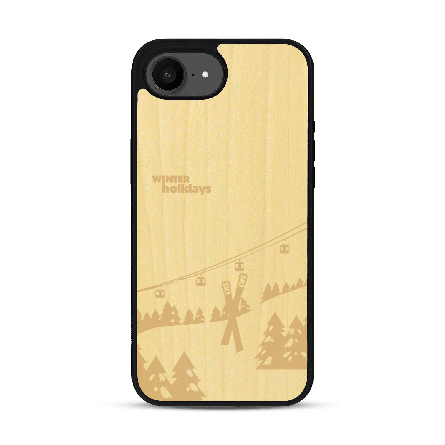 Coque de protection en bois véritable fabriquée en France pour  sur le thème de la montagne, du ski et de la neige avec un motif représentant une paire de ski plantée dans la neige avec en fond des montagnes enneigées