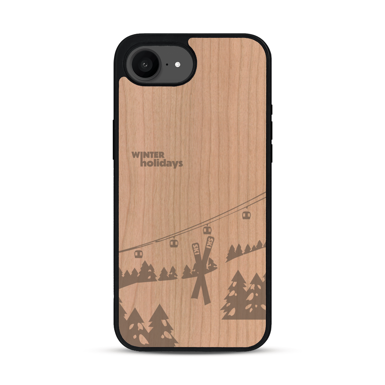 Coque de protection en bois véritable fabriquée en France pour  sur le thème de la montagne, du ski et de la neige avec un motif représentant une paire de ski plantée dans la neige avec en fond des montagnes enneigées
