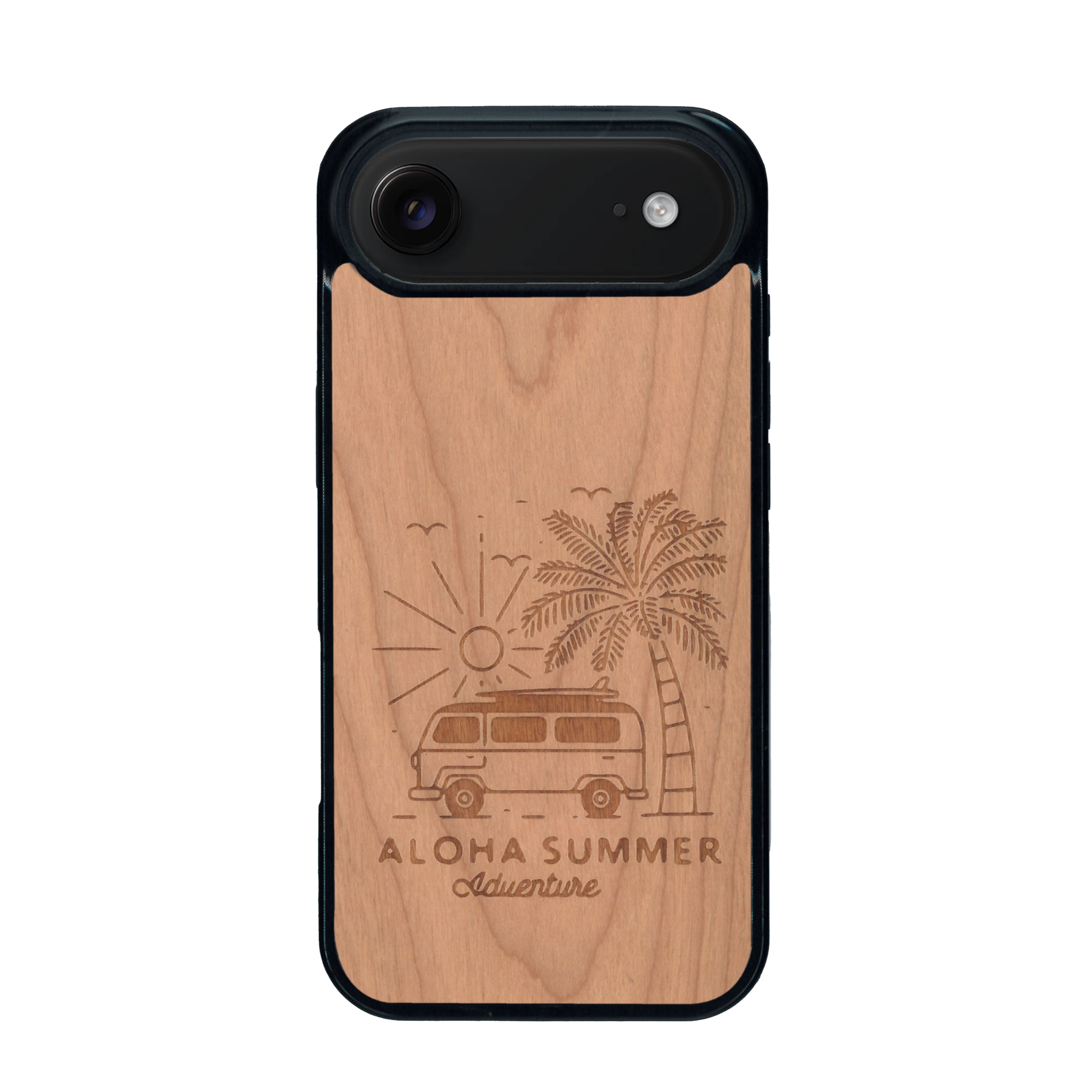 Coque de protection en bois véritable fabriquée en France pour iPhone 17 Air sur le thème de la plage, de l'été et vanlife.