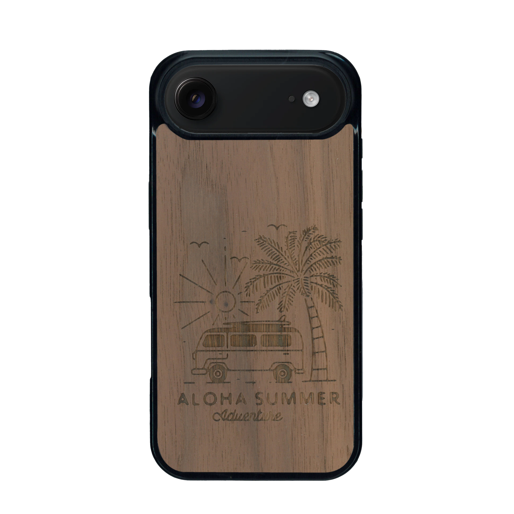 Coque de protection en bois véritable fabriquée en France pour iPhone 17 Air sur le thème de la plage, de l'été et vanlife.