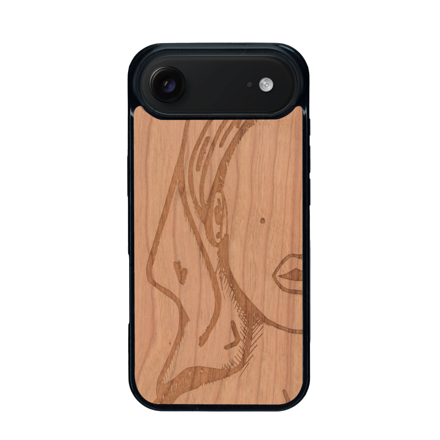 Coque de protection en bois véritable fabriquée en France pour iPhone 17 Air représentant une silhouette féminine épurée de type line art en collaboration avec l'artiste Maud Dabs