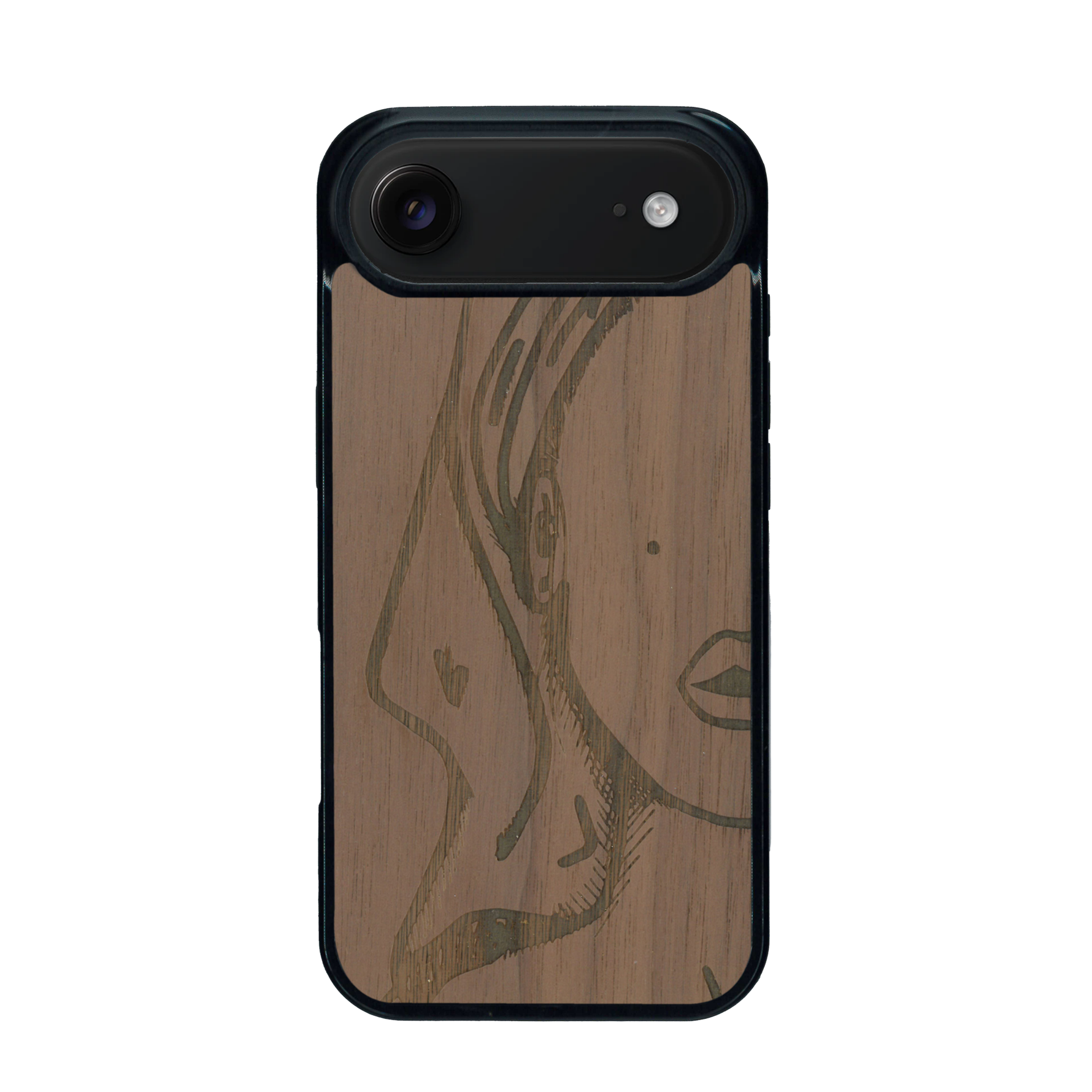 Coque de protection en bois véritable fabriquée en France pour iPhone 17 Air représentant une silhouette féminine épurée de type line art en collaboration avec l'artiste Maud Dabs