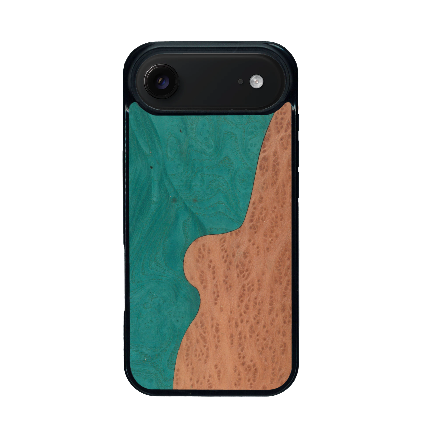 Coque de protection en bois véritable fabriquée en France pour iPhone 17 Air alliant plusieurs essences de bois pour représenter une plage paradisiaque