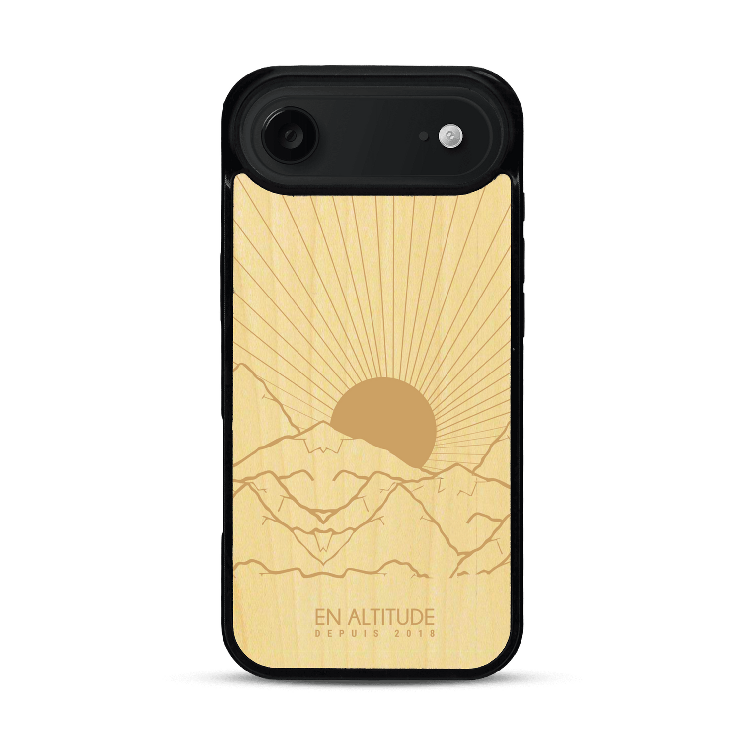 Coque de protection en bois véritable fabriquée en France pour  représentant des montagnes, sur le thème de la randonnée en pleine nature et du trail