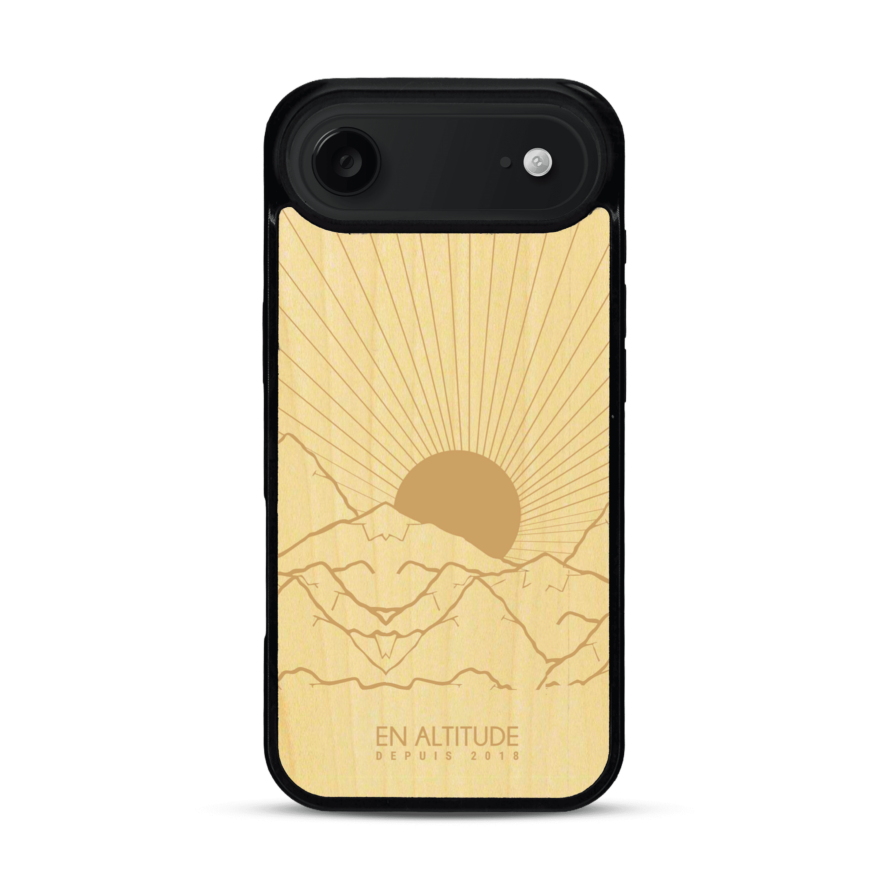 Coque de protection en bois véritable fabriquée en France pour  représentant des montagnes, sur le thème de la randonnée en pleine nature et du trail