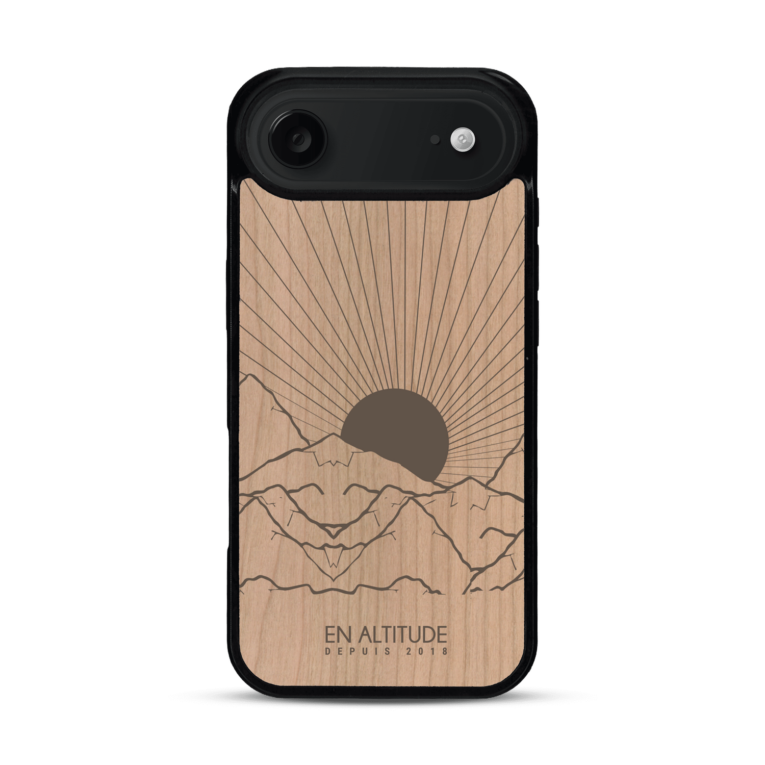 Coque de protection en bois véritable fabriquée en France pour  représentant des montagnes, sur le thème de la randonnée en pleine nature et du trail