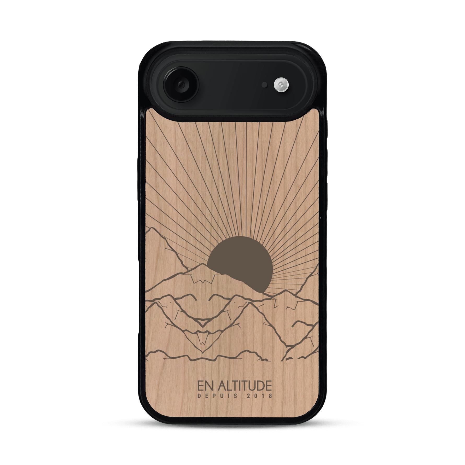 Coque de protection en bois véritable fabriquée en France pour  représentant des montagnes, sur le thème de la randonnée en pleine nature et du trail