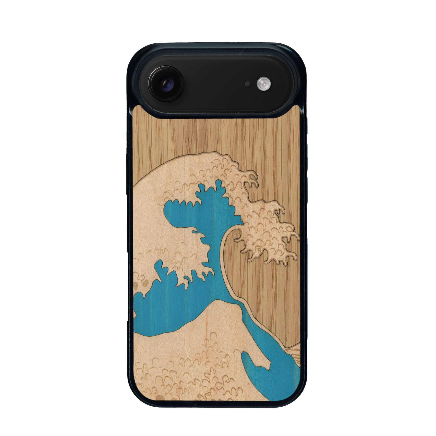 Coque de protection en bois véritable fabriquée en France pour iPhone 17 Air alliant plusieurs essences de bois pour représenter la célèbre grande vague de Kanagawa