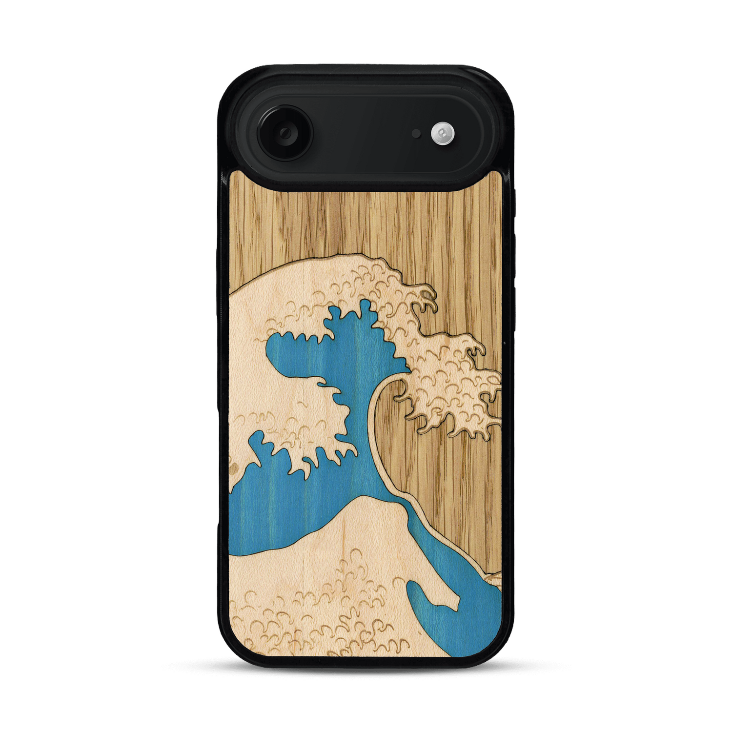 Coque de protection en bois véritable fabriquée en France pour  alliant plusieurs essences de bois pour représenter la célèbre grande vague de Kanagawa