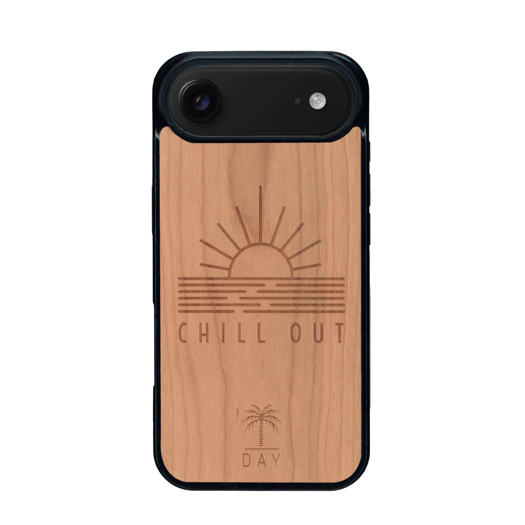 Coque de protection en bois véritable fabriquée en France pour iPhone 17 Air sur le thème chill avec un motif représentant un couché de soleil sur l'océan et la phrase "Chill out"