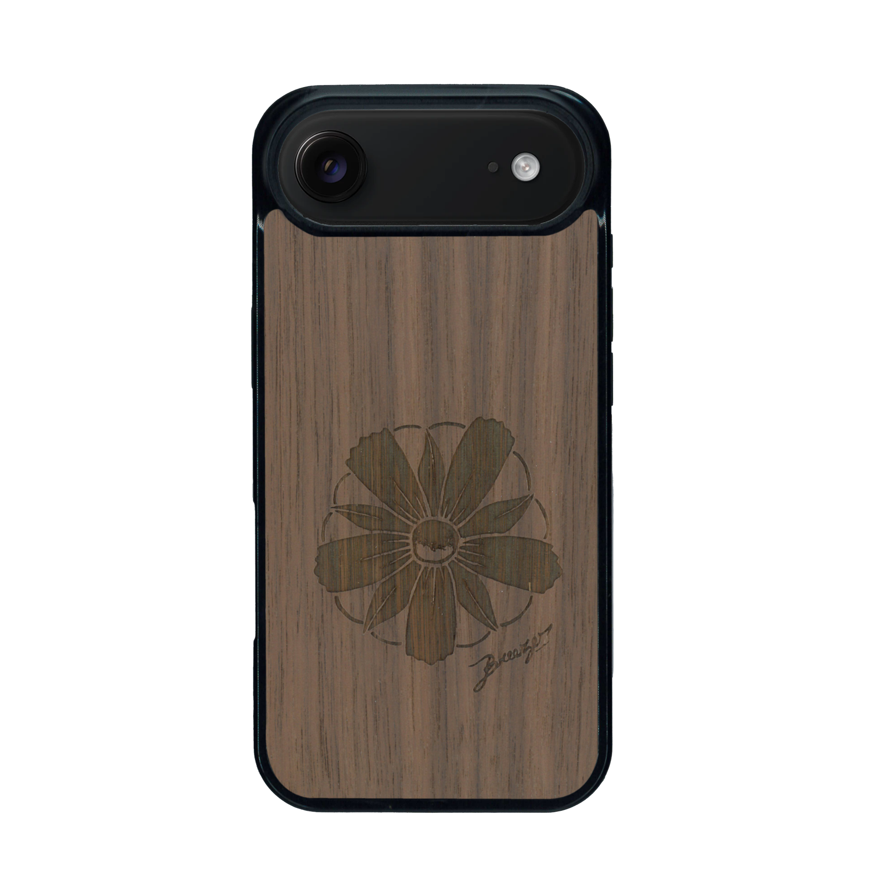 Coque de protection en bois véritable fabriquée en France pour iPhone 17 Air sur le thème des fleurs et de la montagne avec un motif de gravure représentant les pétales d'une fleur des montagnes