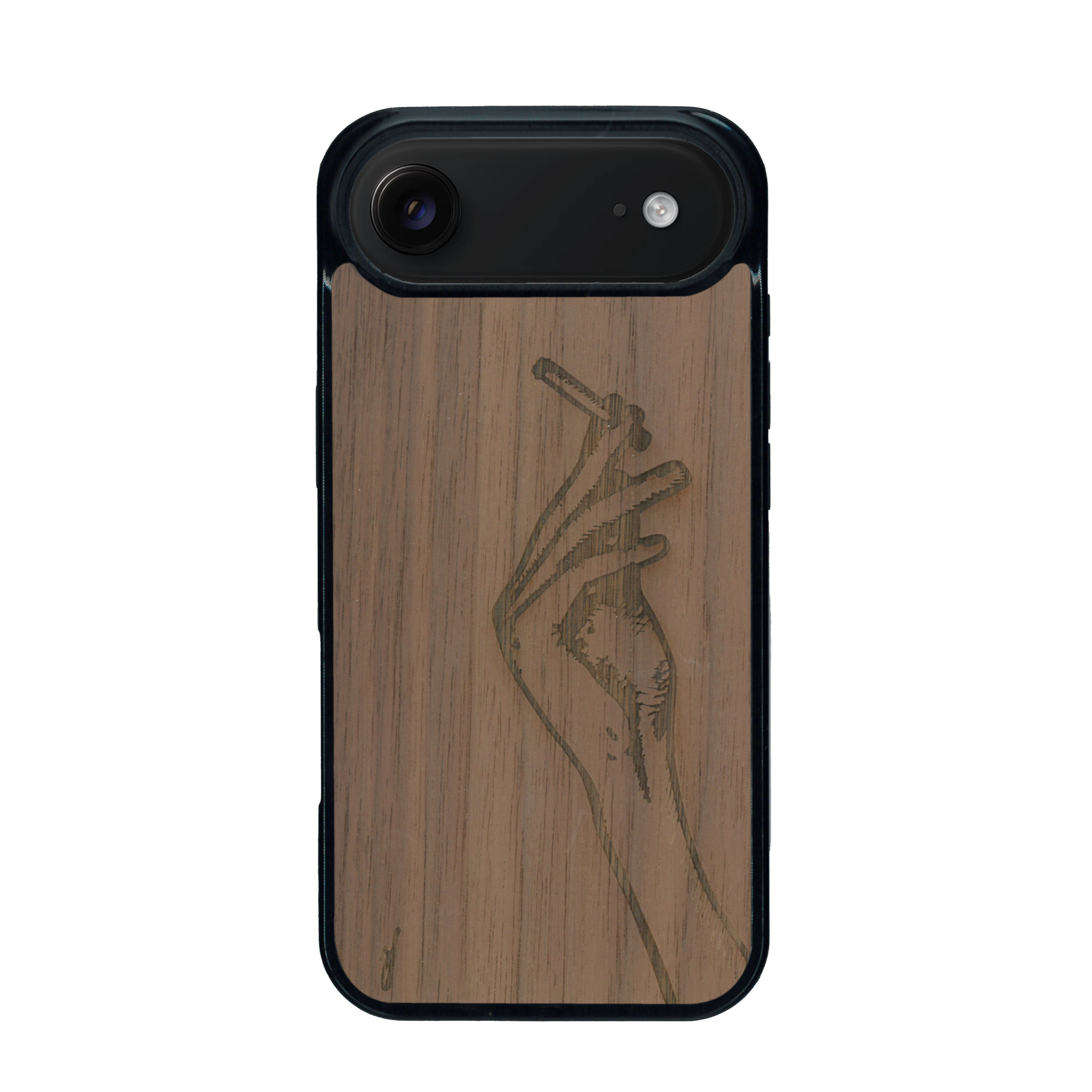 Coque de protection en bois véritable fabriquée en France pour iPhone 17 Air représentant une main de femme tenant une cigarette de type line art en collaboration avec l'artiste Maud Dabs