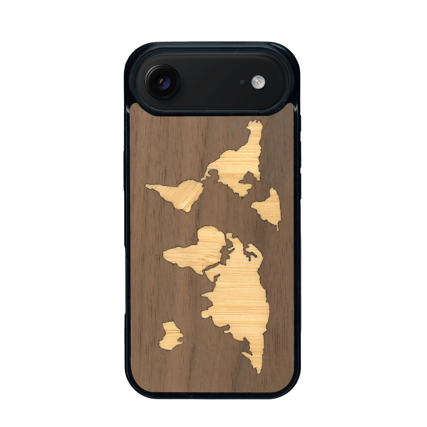 Coque de protection en bois véritable fabriquée en France pour iPhone 17 Air alliant du bambou et du noyer sur le thème du voyage et de l'aventure représentant une mappemonde