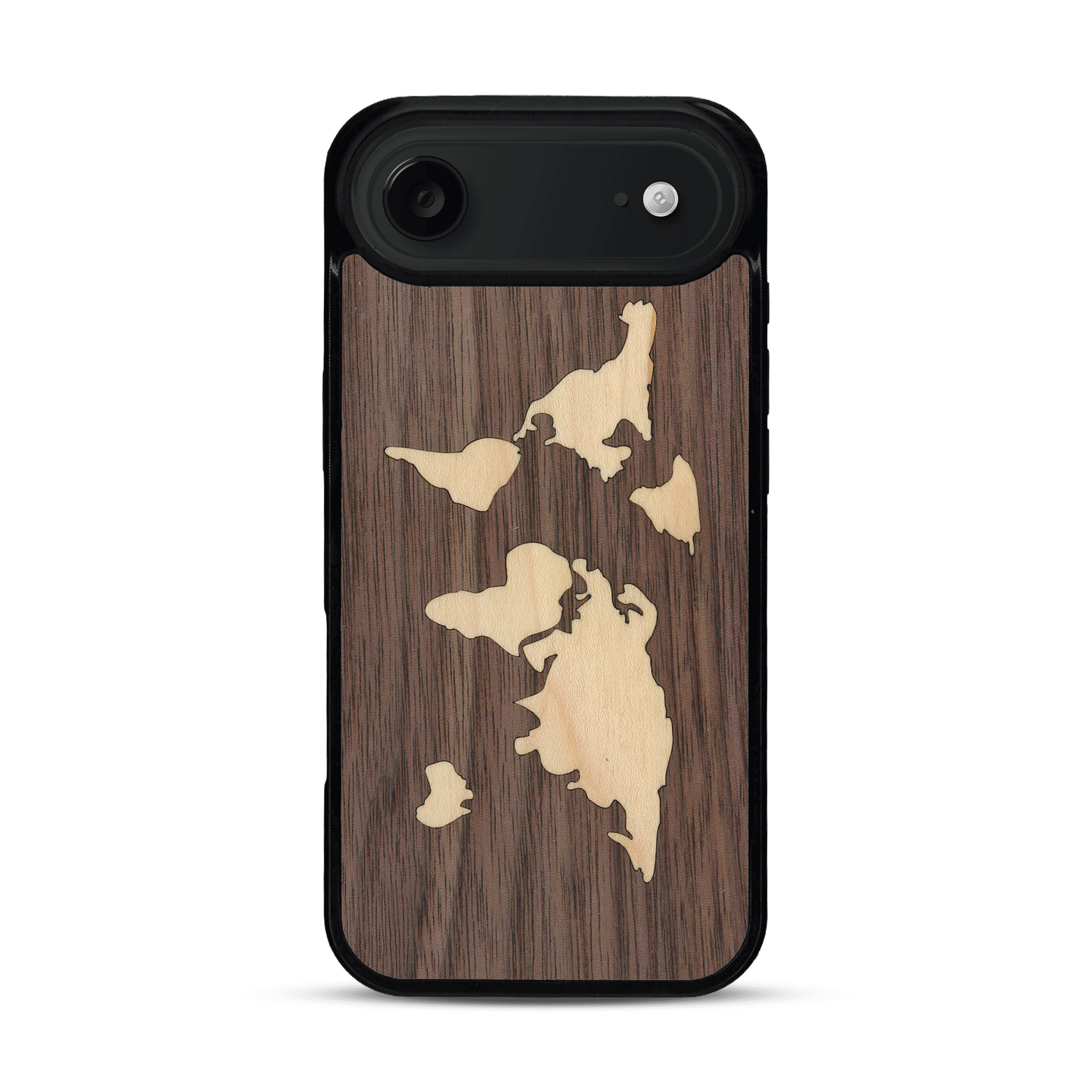 Coque de protection en bois véritable fabriquée en France pour  alliant du bambou et du noyer sur le thème du voyage et de l'aventure représentant une mappemonde