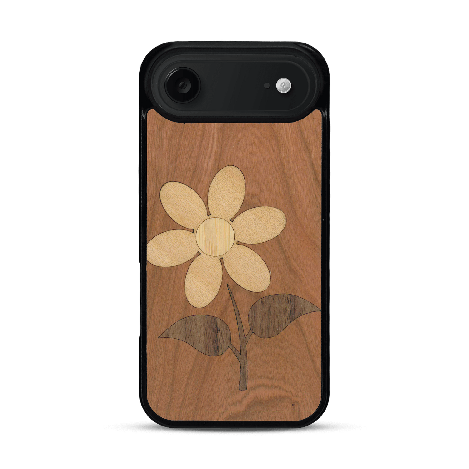 Coque de protection en bois véritable fabriquée en France pour  alliant plusieurs essences de bois pour représenter une marguerite