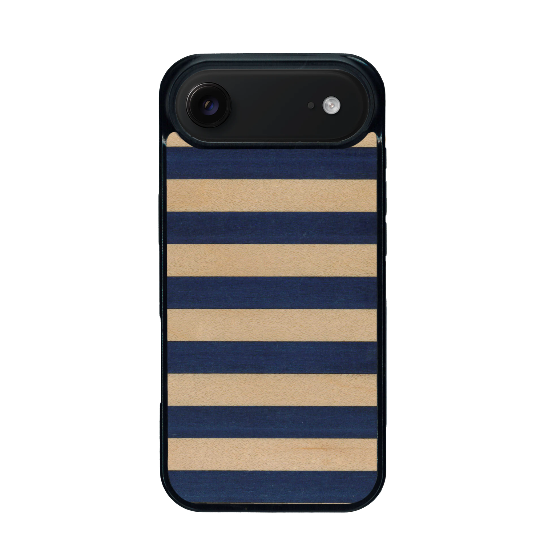 Coque de protection en bois véritable fabriquée en France pour iPhone 17 Air alliant plusieurs essences de bois pour représenter une marinière