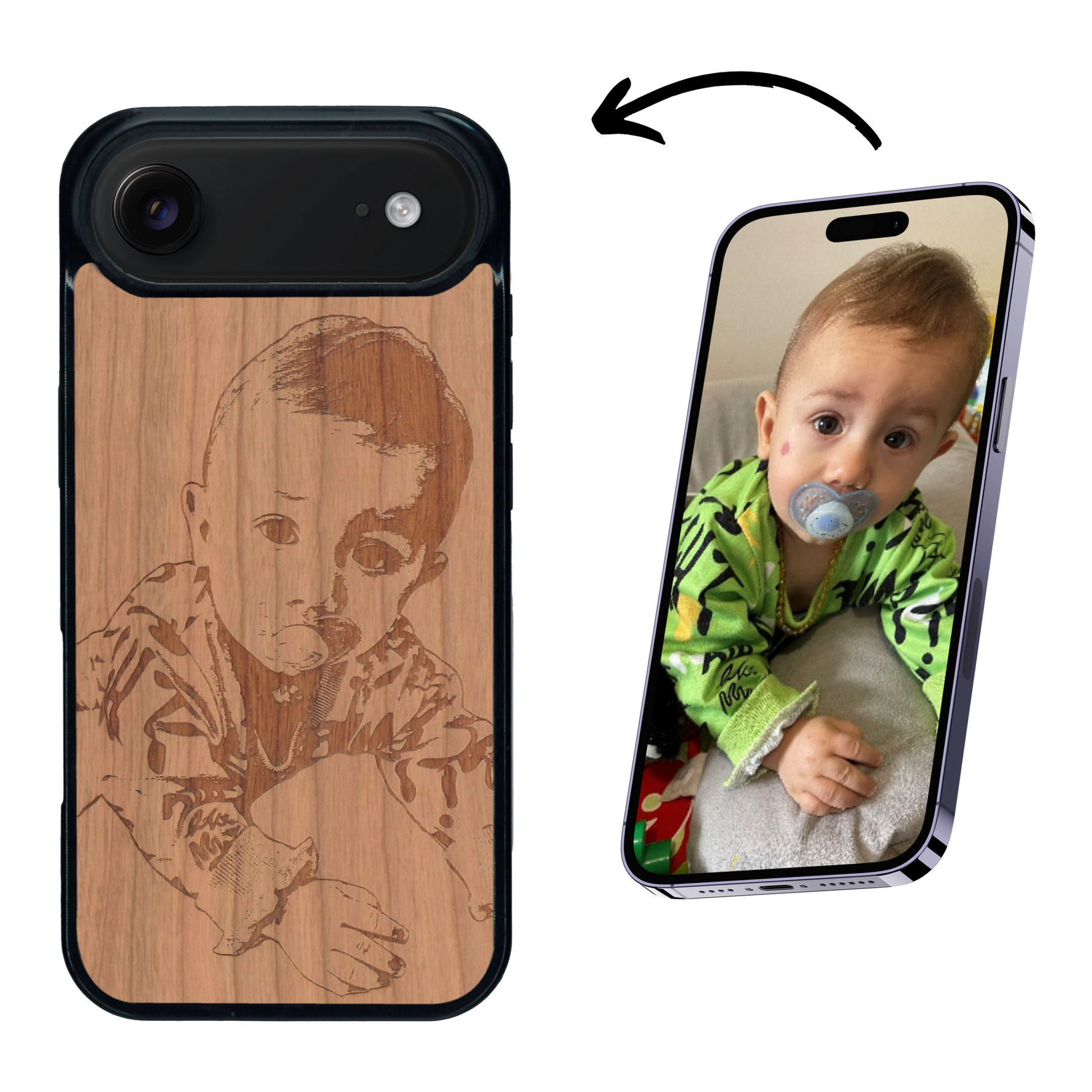 Coque de protection en bois véritable fabriquée en France pour iPhone 17 Air avec gravure personnalisée à partir d'une photo, d'une image, d'un logo, des initials ou d'une phrase