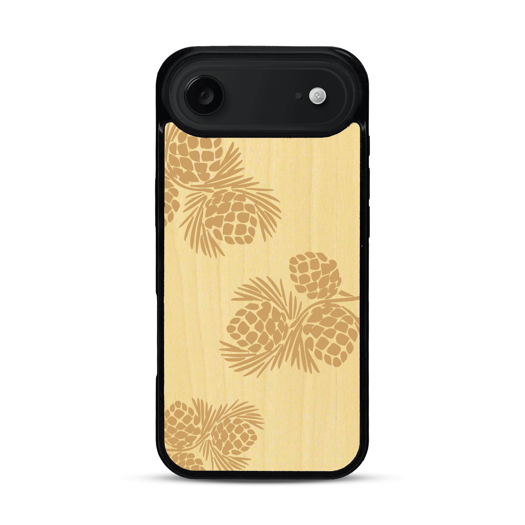 Coque de protection en bois véritable fabriquée en France pour  sur le thème de la nature des arbres avec un motif de gravure représentant des épines de sapin et des pommes de pin