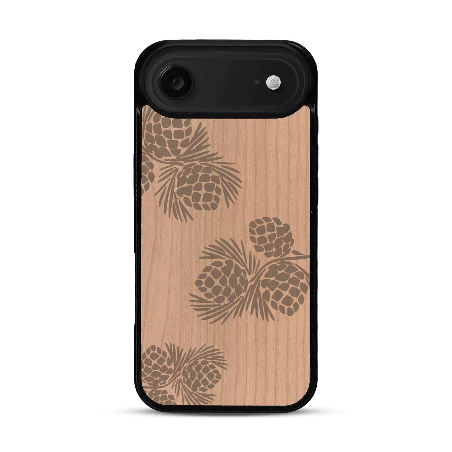 Coque de protection en bois véritable fabriquée en France pour  sur le thème de la nature des arbres avec un motif de gravure représentant des épines de sapin et des pommes de pin