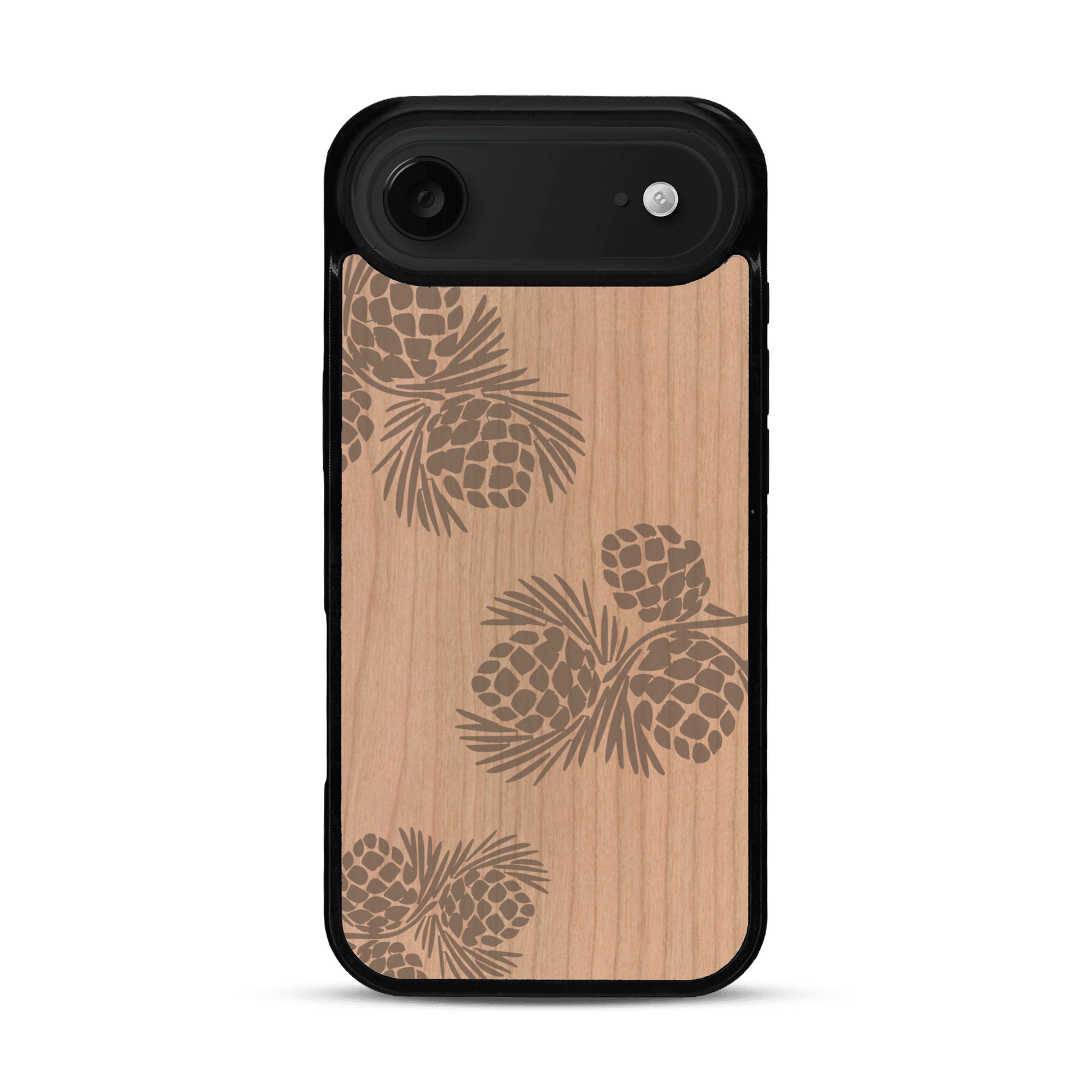 Coque de protection en bois véritable fabriquée en France pour  sur le thème de la nature des arbres avec un motif de gravure représentant des épines de sapin et des pommes de pin