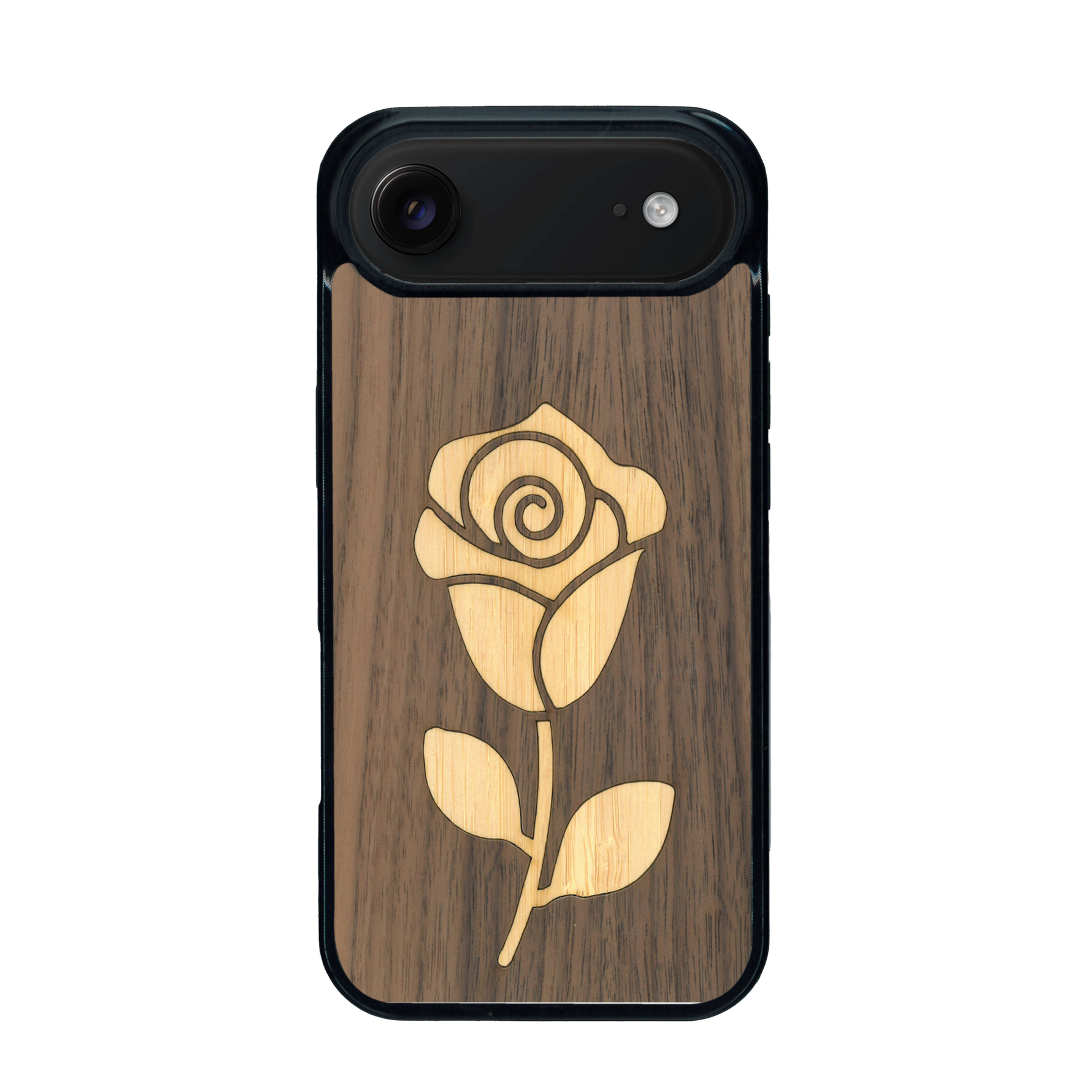 Coque de protection en bois véritable fabriquée en France pour iPhone 17 Air alliant plusieurs essences de bois pour représenter une rose