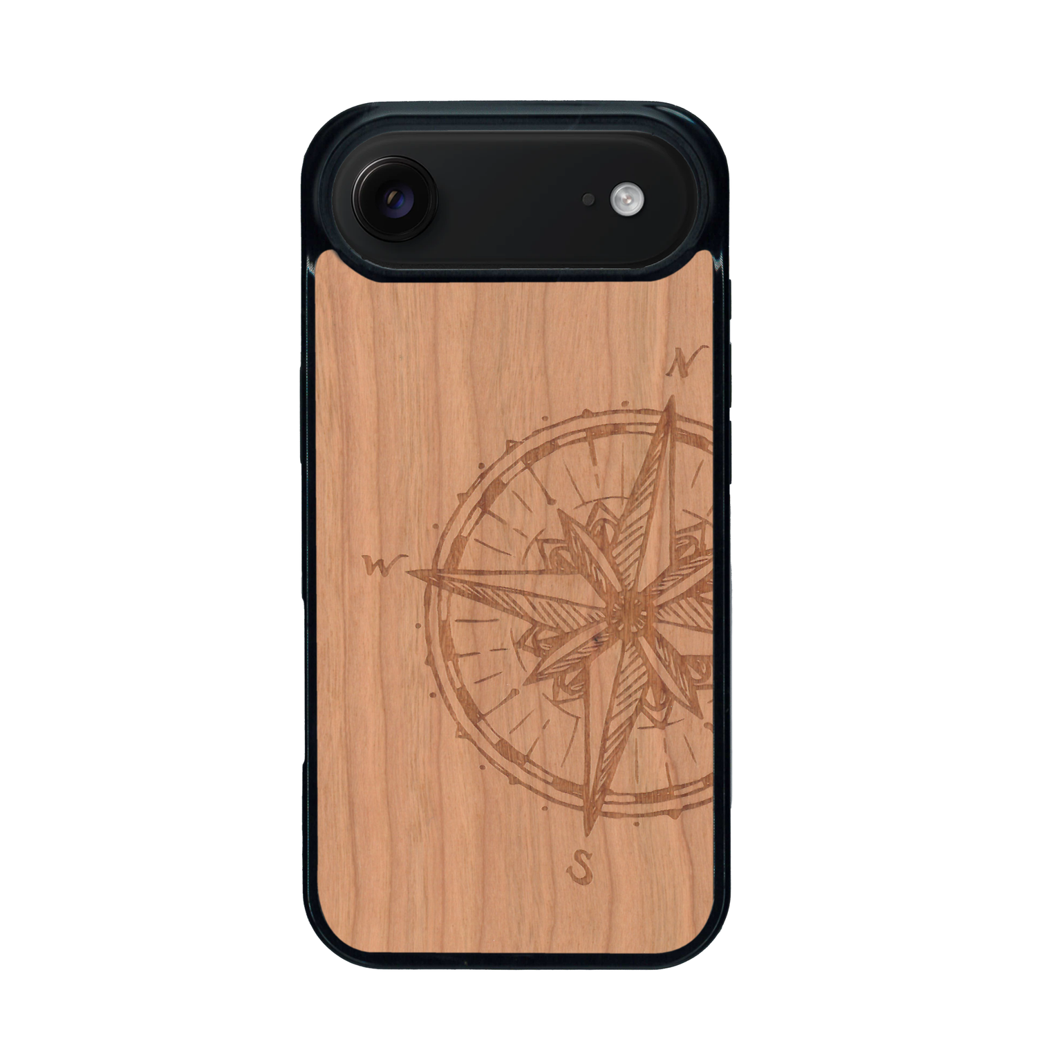 Coque de protection en bois véritable fabriquée en France pour iPhone 17 Air avec une gravure "rose des vents" sur le thème nautique et de l'océan qui s'inspire des boussoles de pirate