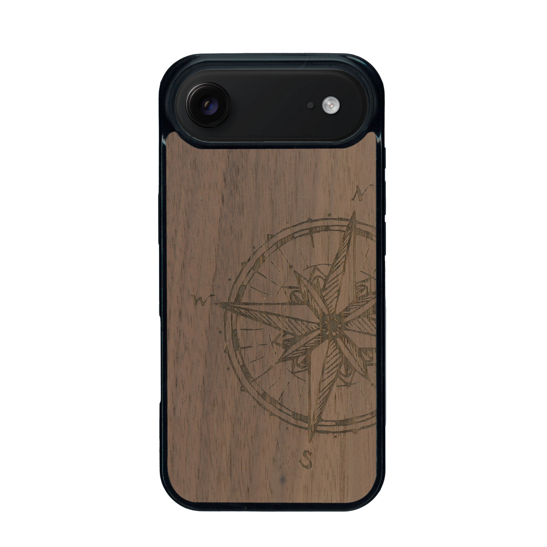 Coque de protection en bois véritable fabriquée en France pour iPhone 17 Air avec une gravure "rose des vents" sur le thème nautique et de l'océan qui s'inspire des boussoles de pirate