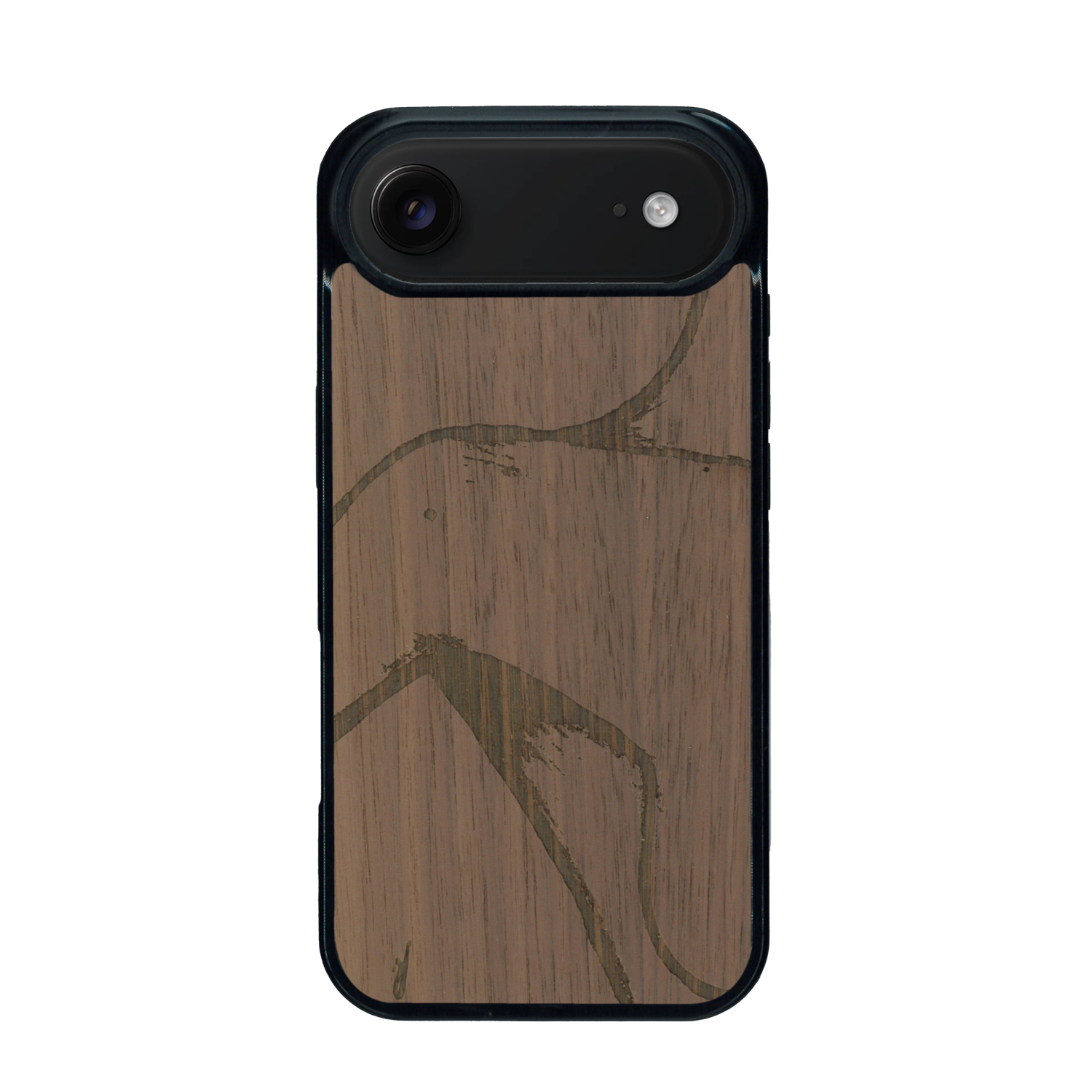 Coque de protection en bois véritable fabriquée en France pour iPhone 17 Air représentant une silhouette féminine dessinée à la main par l'artiste Maud Dabs