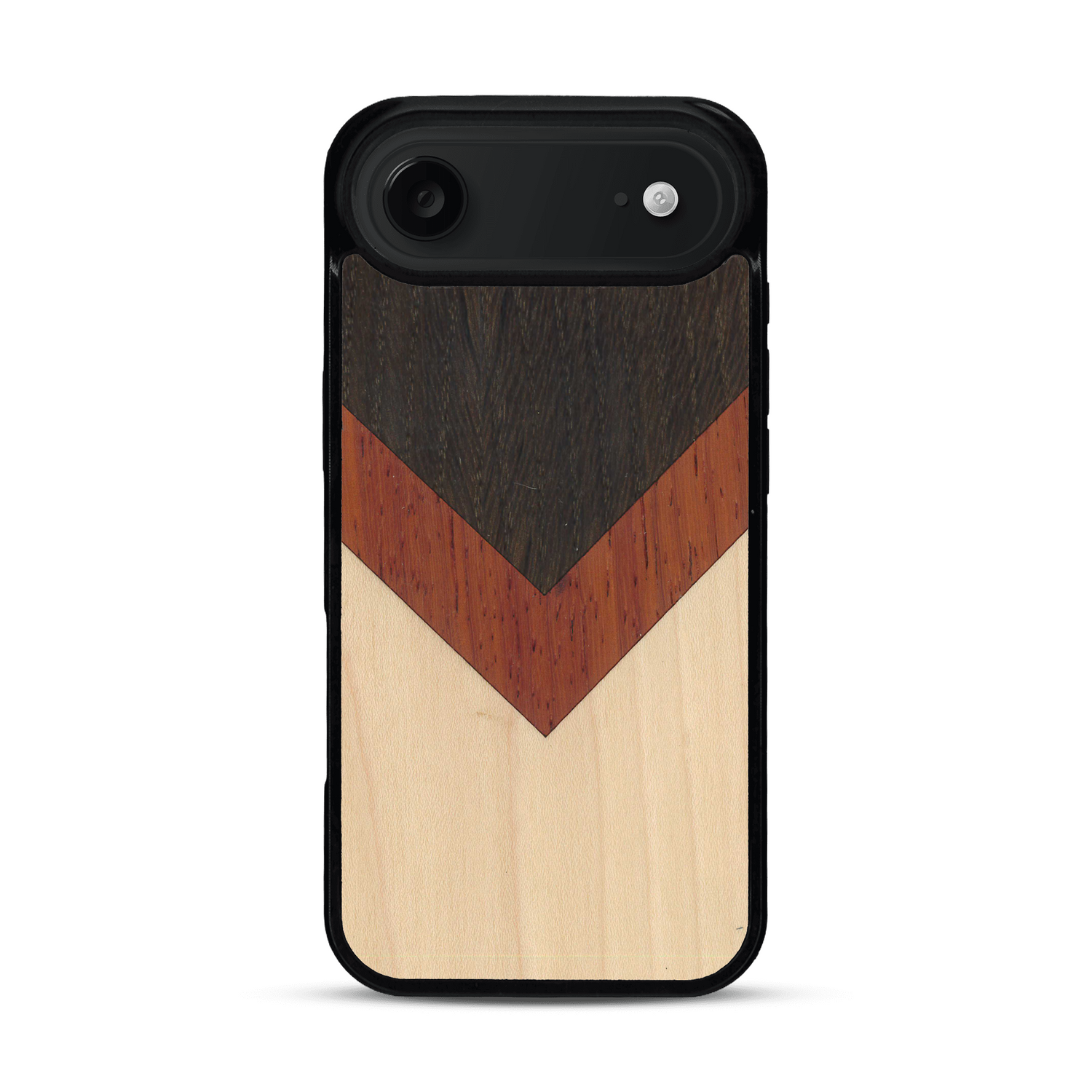 Coque de protection en bois véritable fabriquée en France pour  alliant du chêne fumé, du padouk et du bambou en forme de chevron sur le thème de l'art abstrait