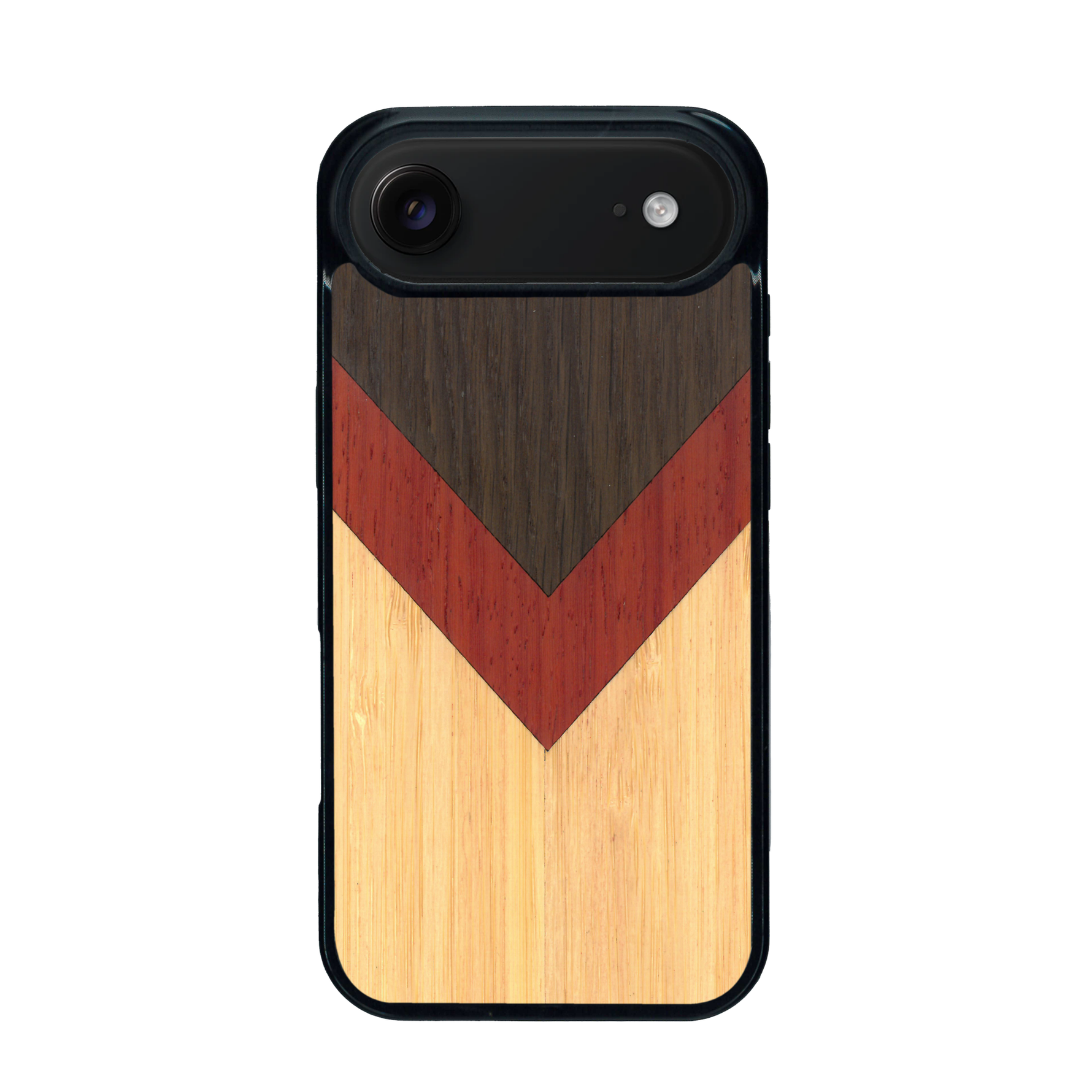 Coque de protection en bois véritable fabriquée en France pour iPhone 17 Air alliant du chêne fumé, du padouk et du bambou en forme de chevron sur le thème de l'art abstrait