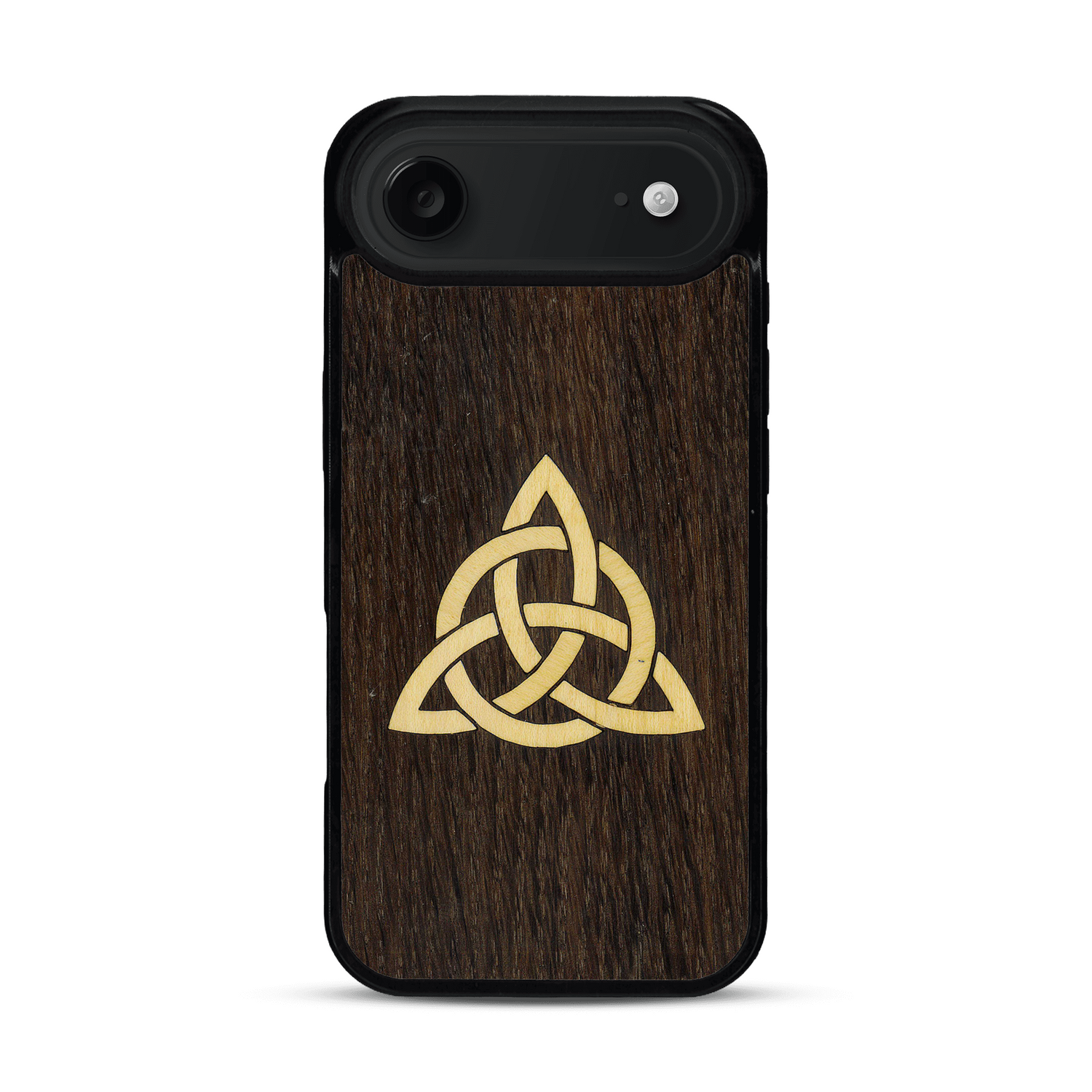 Coque de protection en bois véritable fabriquée en France pour  alliant du chêne fumé et du bambou représentant une triquetra