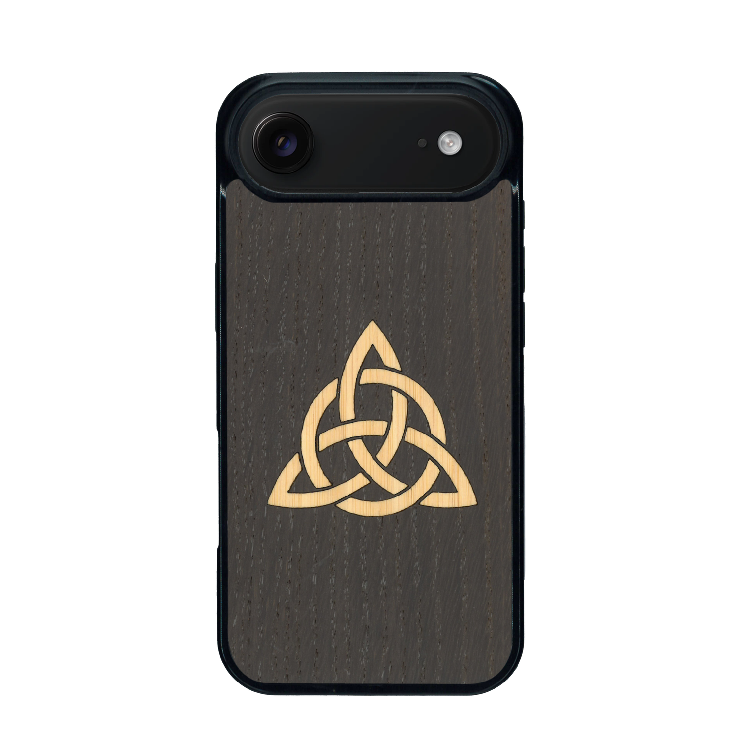 Coque de protection en bois véritable fabriquée en France pour iPhone 17 Air alliant du chêne fumé et du bambou représentant une triquetra