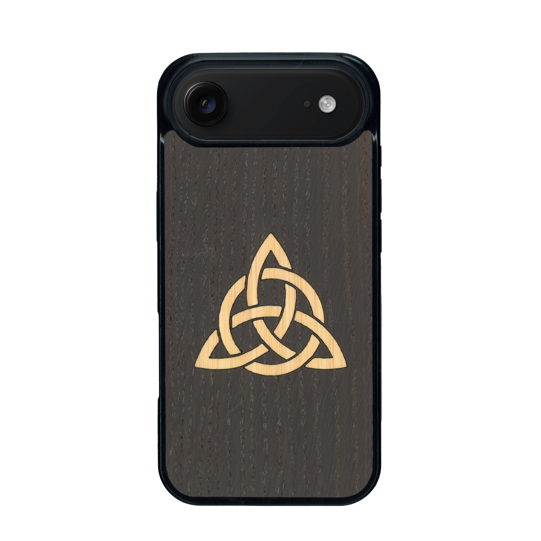 Coque de protection en bois véritable fabriquée en France pour iPhone 17 Air alliant du chêne fumé et du bambou représentant une triquetra