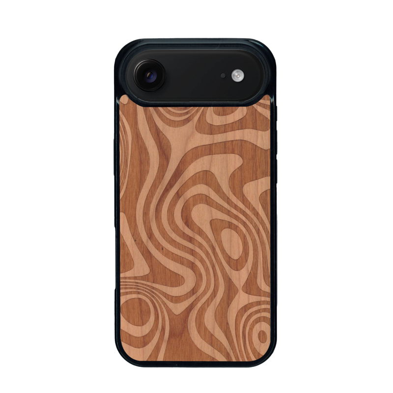 Coque de protection en bois véritable fabriquée en France pour iPhone 17 Air avec un motif abstrait représentant les mouvements de l'eau