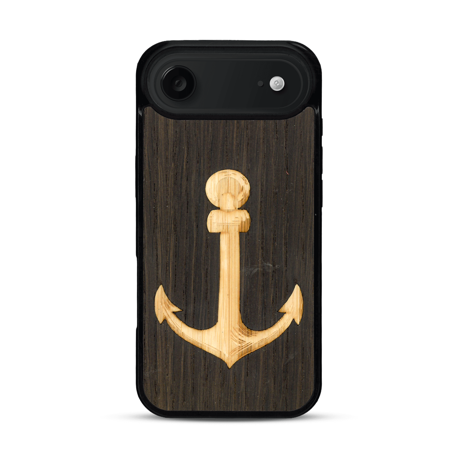 Coque de protection en bois véritable fabriquée en France pour  sur le thème nautique avec un bois clair et un bois foncé représentant une ancre de bateau