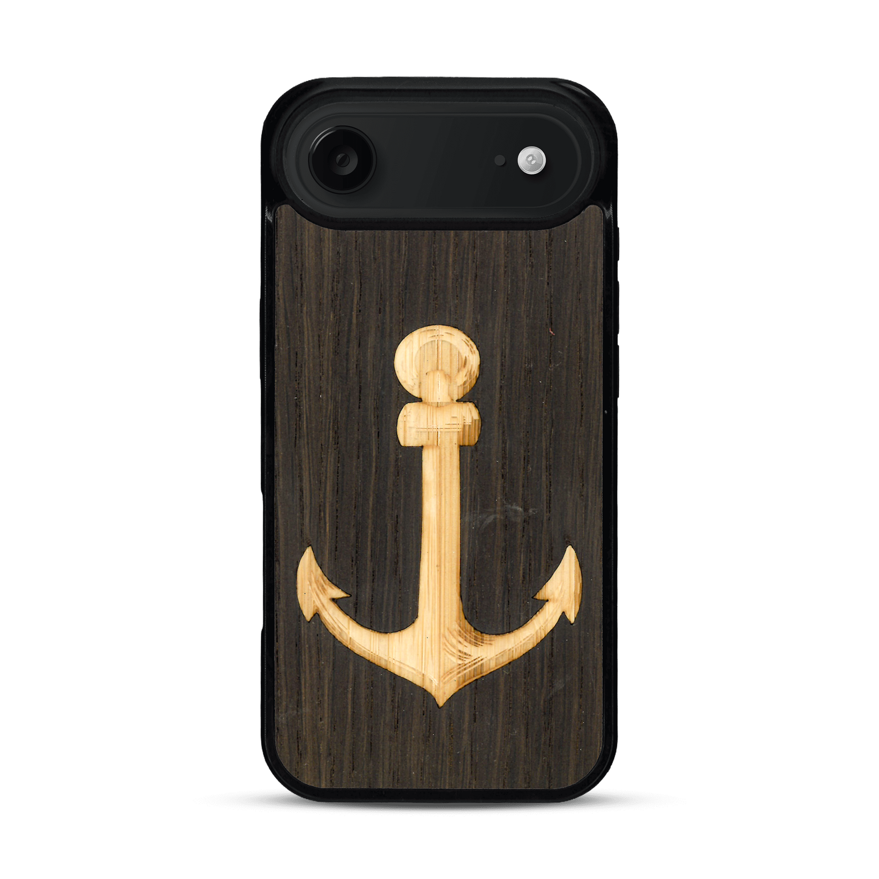 Coque de protection en bois véritable fabriquée en France pour  sur le thème nautique avec un bois clair et un bois foncé représentant une ancre de bateau